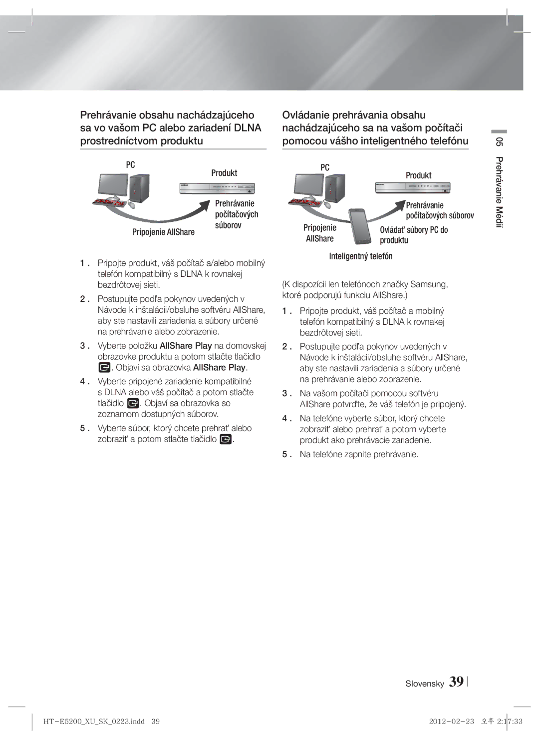 Samsung HT-E5200/EN manual Prostredníctvom produktu, Pomocou vášho inteligentného telefónu 