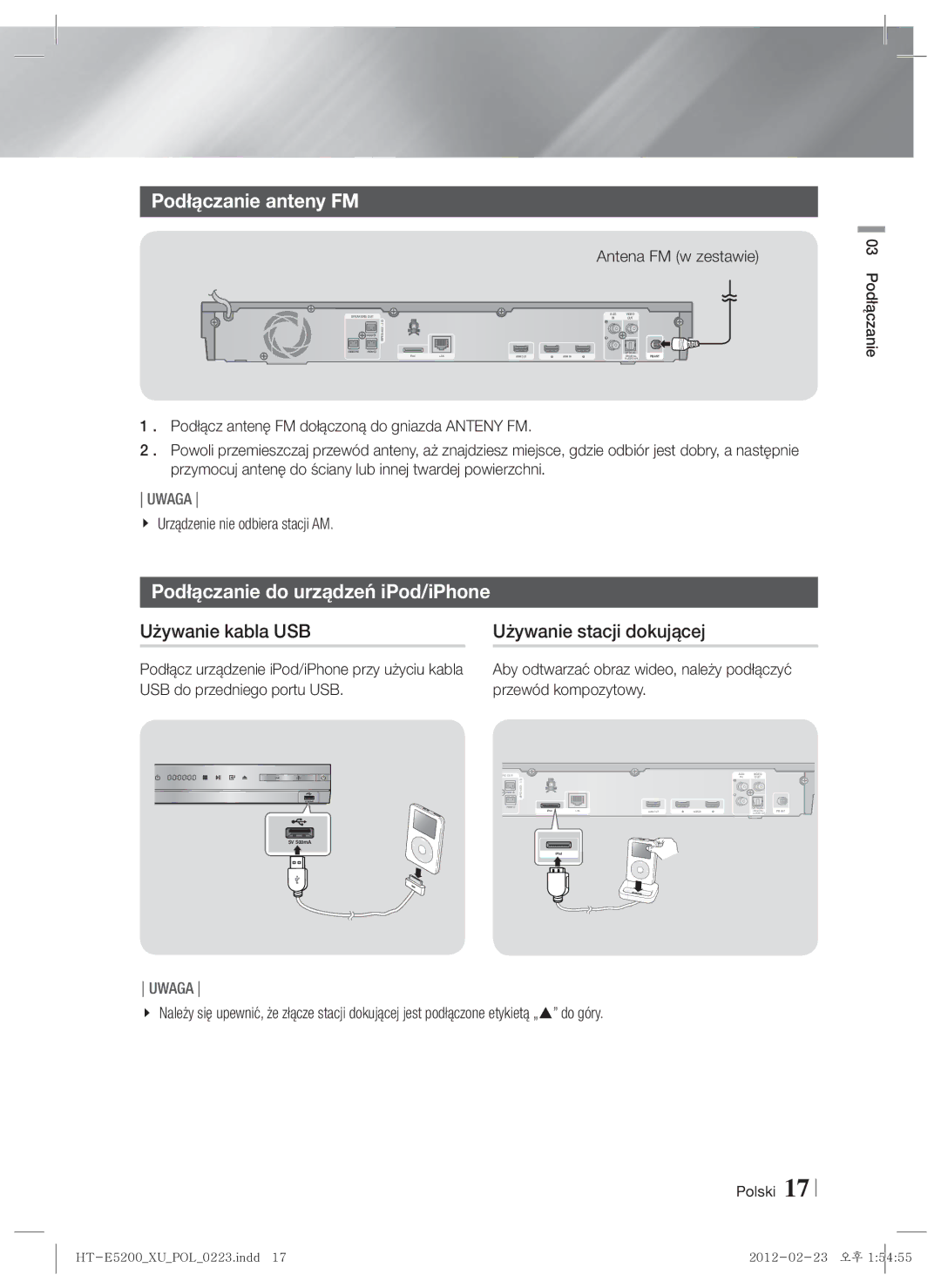 Samsung HT-E5200/EN manual Podłączanie anteny FM, Podłączanie do urządzeń iPod/iPhone 