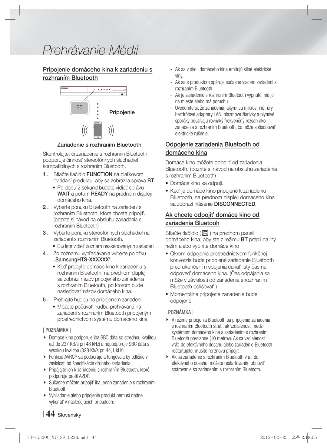 Samsung HT-E5200/EN manual Pripojenie domáceho kina k zariadeniu s rozhraním Bluetooth 