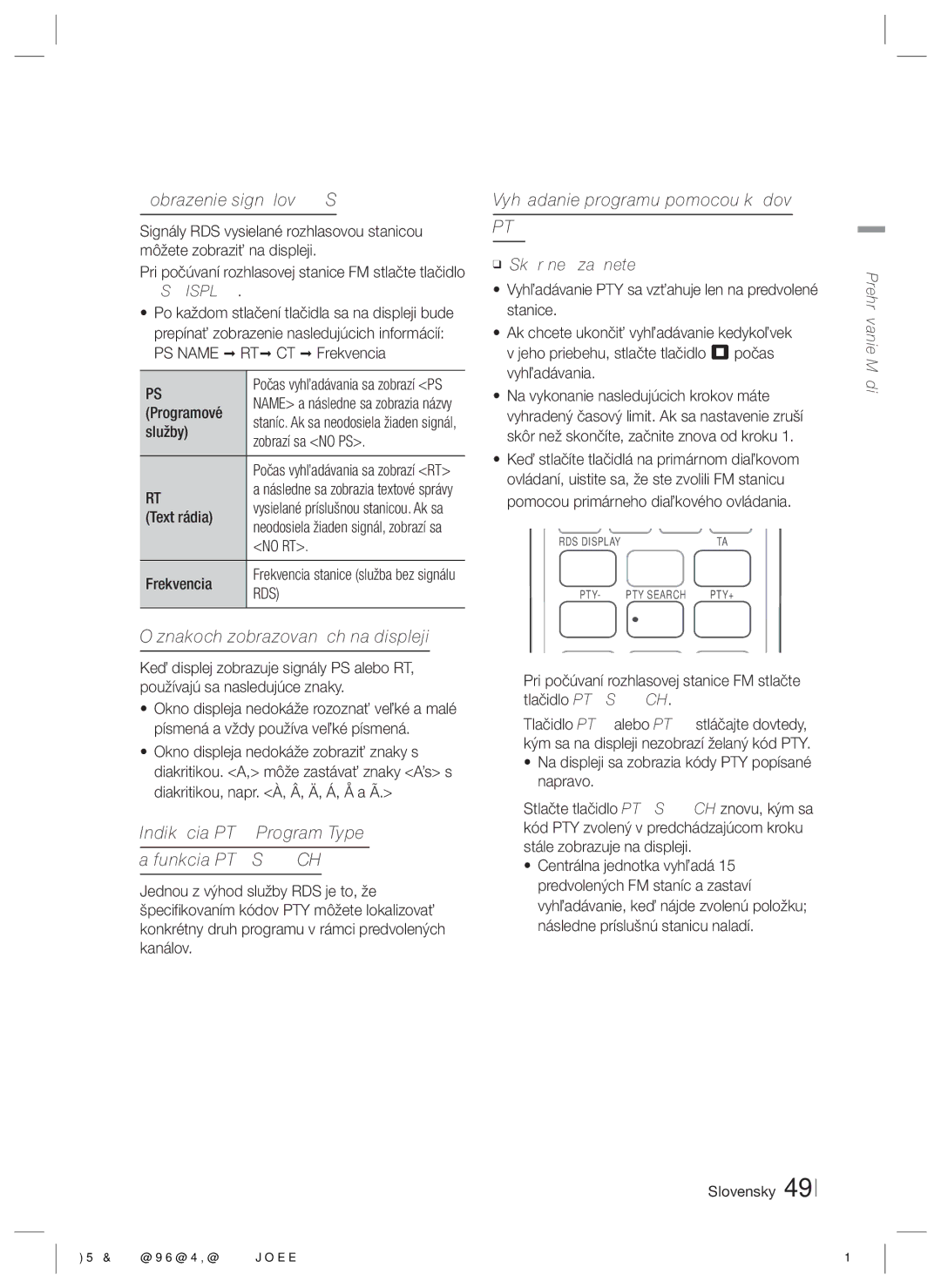 Samsung HT-E5200/EN manual Zobrazenie signálov RDS, Znakoch zobrazovaných na displeji, Vyhľadanie programu pomocou kódov 