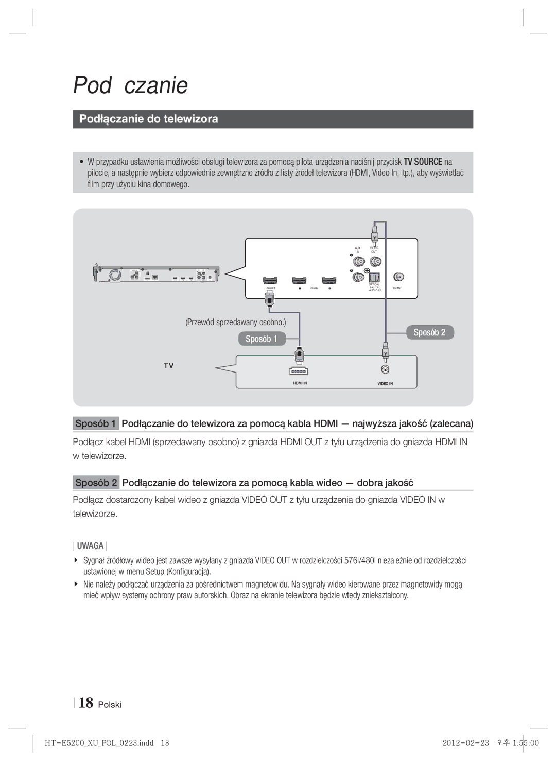 Samsung HT-E5200/EN manual Podłączanie do telewizora, Wybierz sposób 1 lub 