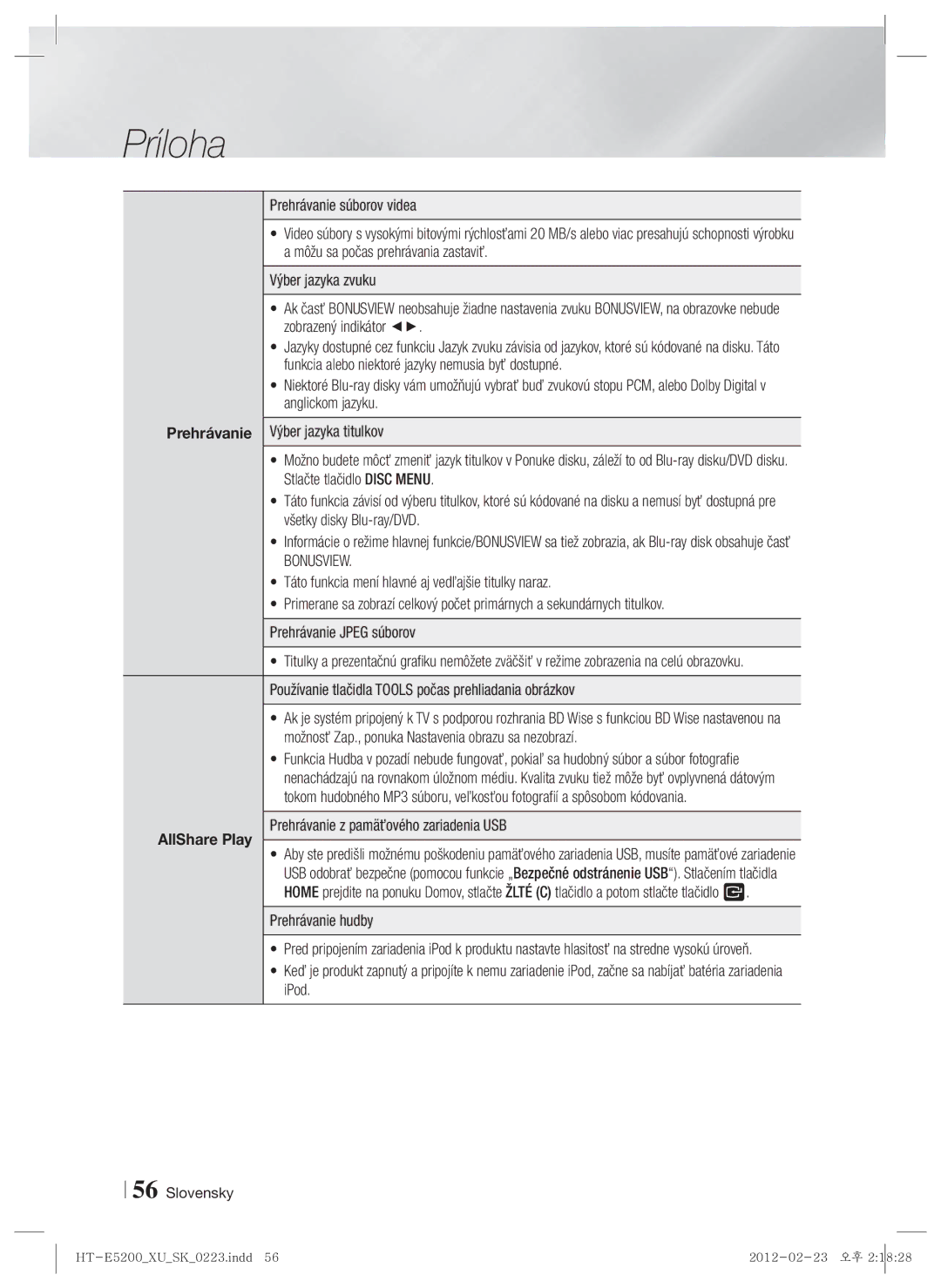 Samsung HT-E5200/EN manual Bonusview, Prehrávanie z pamäťového zariadenia USB 