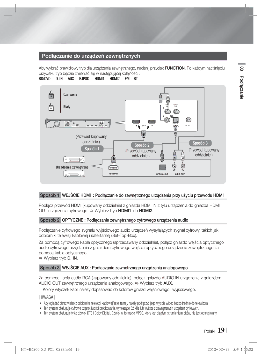 Samsung HT-E5200/EN manual Podłączanie do urządzeń zewnętrznych, BD/DVD D. in AUX R.IPOD HDMI1 HDMI2 FM BT 