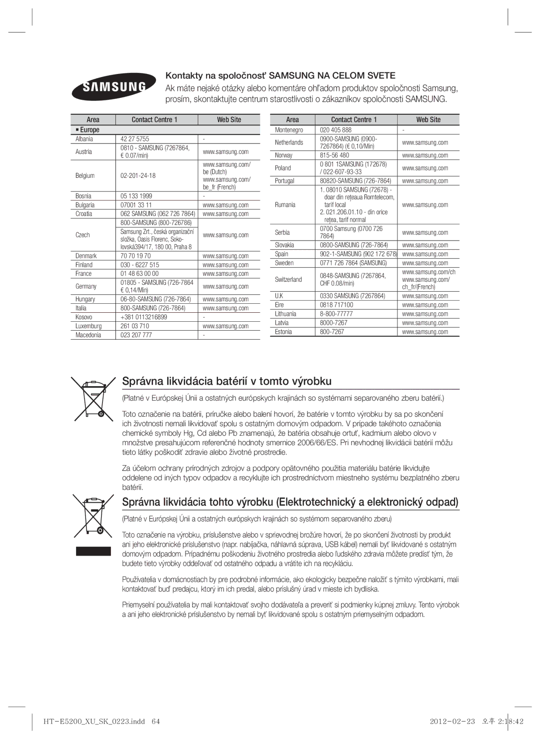 Samsung HT-E5200/EN manual Správna likvidácia batérií v tomto výrobku, Kontakty na spoločnosť Samsung NA Celom Svete 