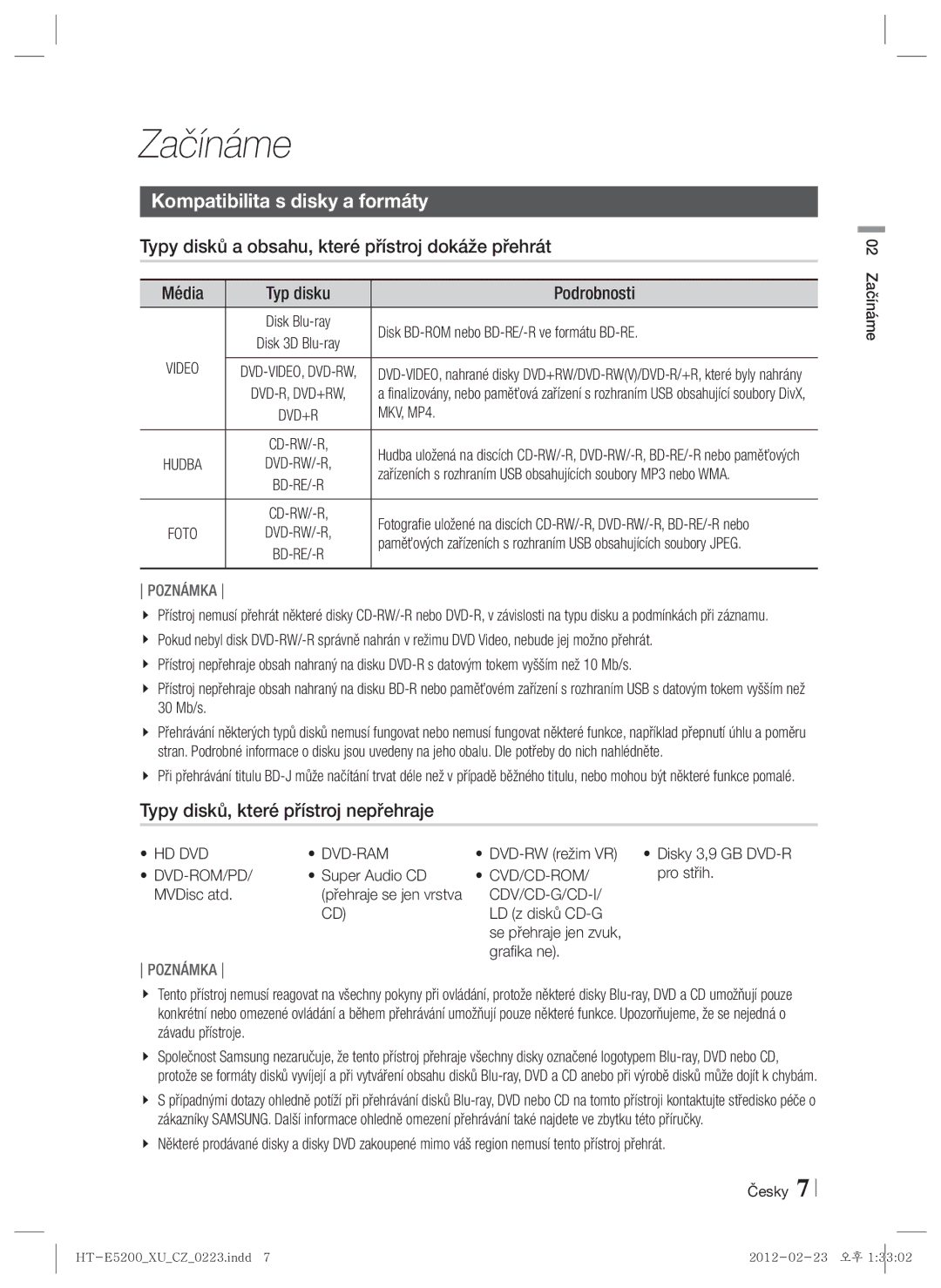 Samsung HT-E5200/EN manual Začínáme, Kompatibilita s disky a formáty, Typy disků a obsahu, které přístroj dokáže přehrát 