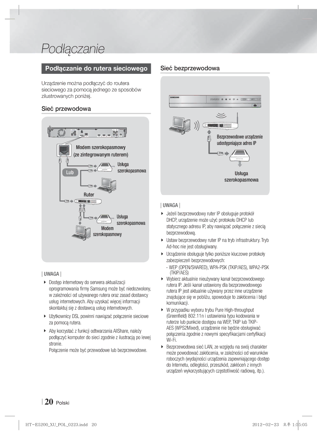 Samsung HT-E5200/EN Sieć przewodowa, Ruter Usługa Szerokopasmowa, WEP OPEN/SHARED, WPA-PSK TKIP/AES, WPA2-PSK TKIP/AES 