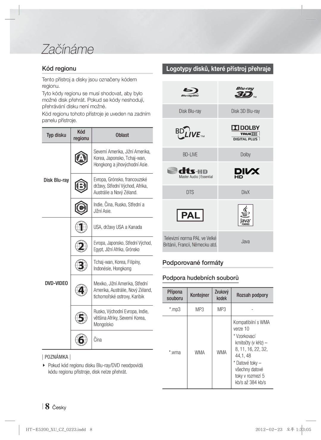 Samsung HT-E5200/EN manual Kód regionu, Logotypy disků, které přístroj přehraje, Podpora hudebních souborů 