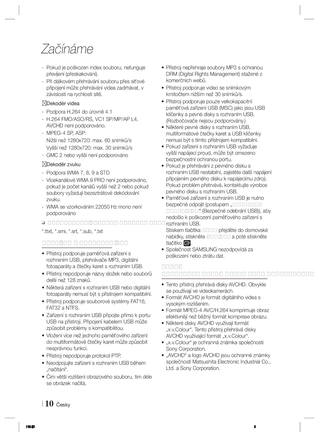 Samsung HT-E5200/EN Poznámky k připojení USB, MPEG-4 SP, ASP, Přístroj podporuje souborové systémy FAT16, FAT32 a Ntfs 