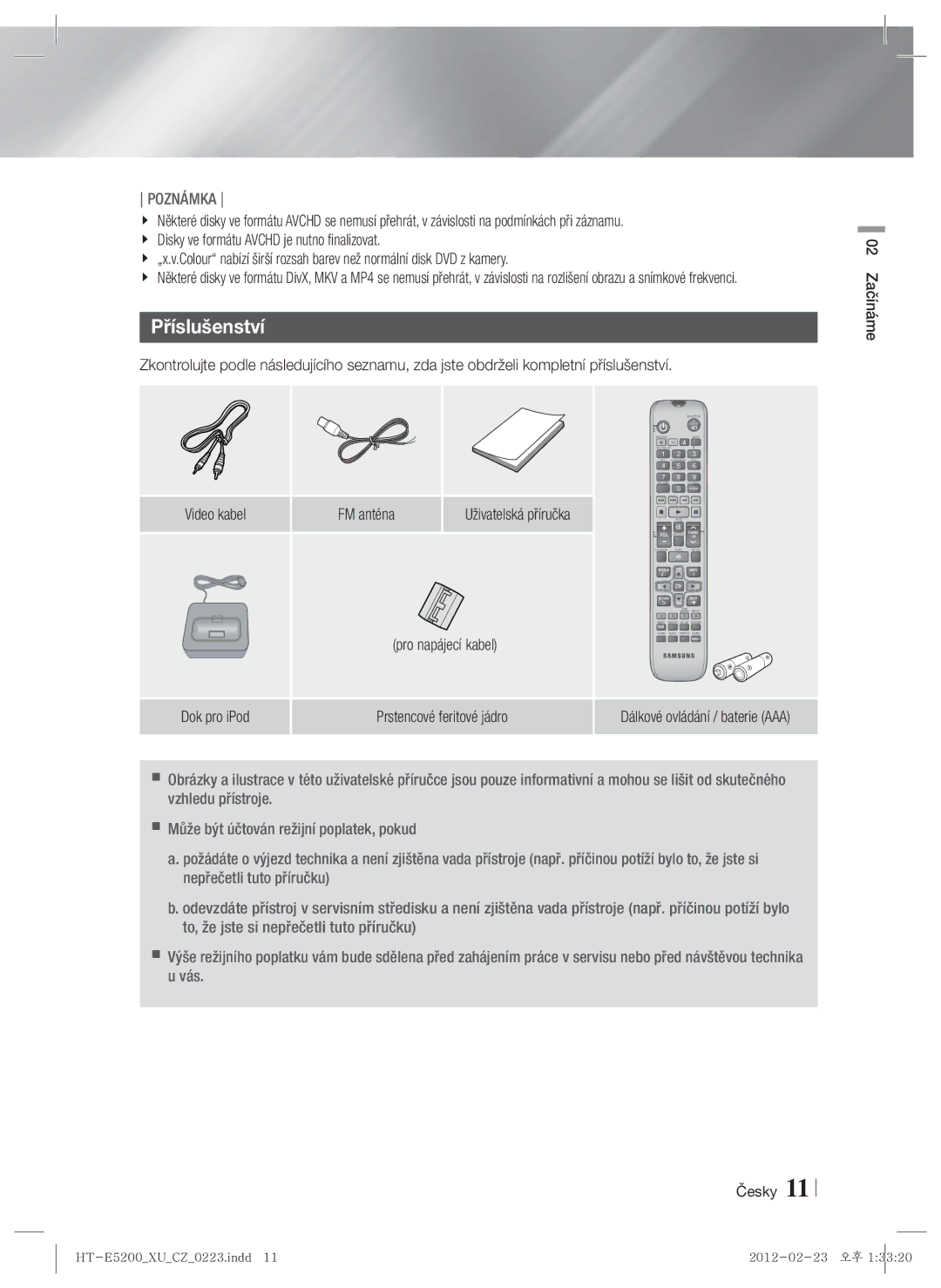 Samsung HT-E5200/EN manual Příslušenství, FM anténa Uživatelská příručka, Pro napájecí kabel, Prstencové feritové jádro 