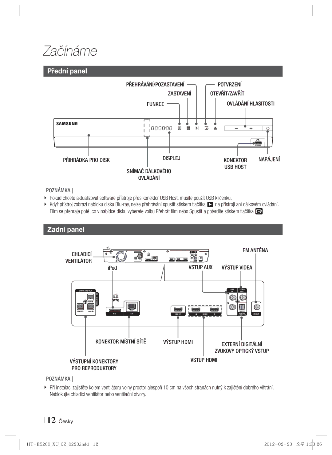 Samsung HT-E5200/EN manual Přední panel, Zadní panel 