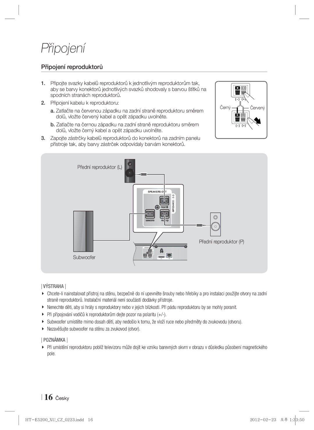 Samsung HT-E5200/EN manual Připojení reproduktorů, Přední reproduktor L, Přední reproduktor P Subwoofer, 16 Česky 