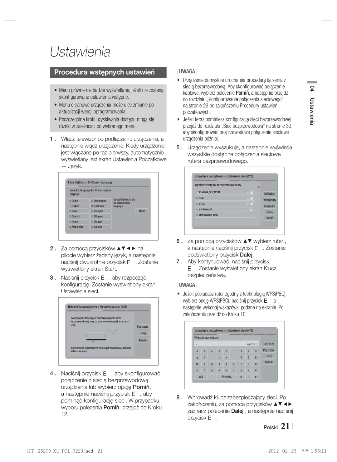 Samsung HT-E5200/EN manual Procedura wstępnych ustawień, Język, Polski Ustawienia 