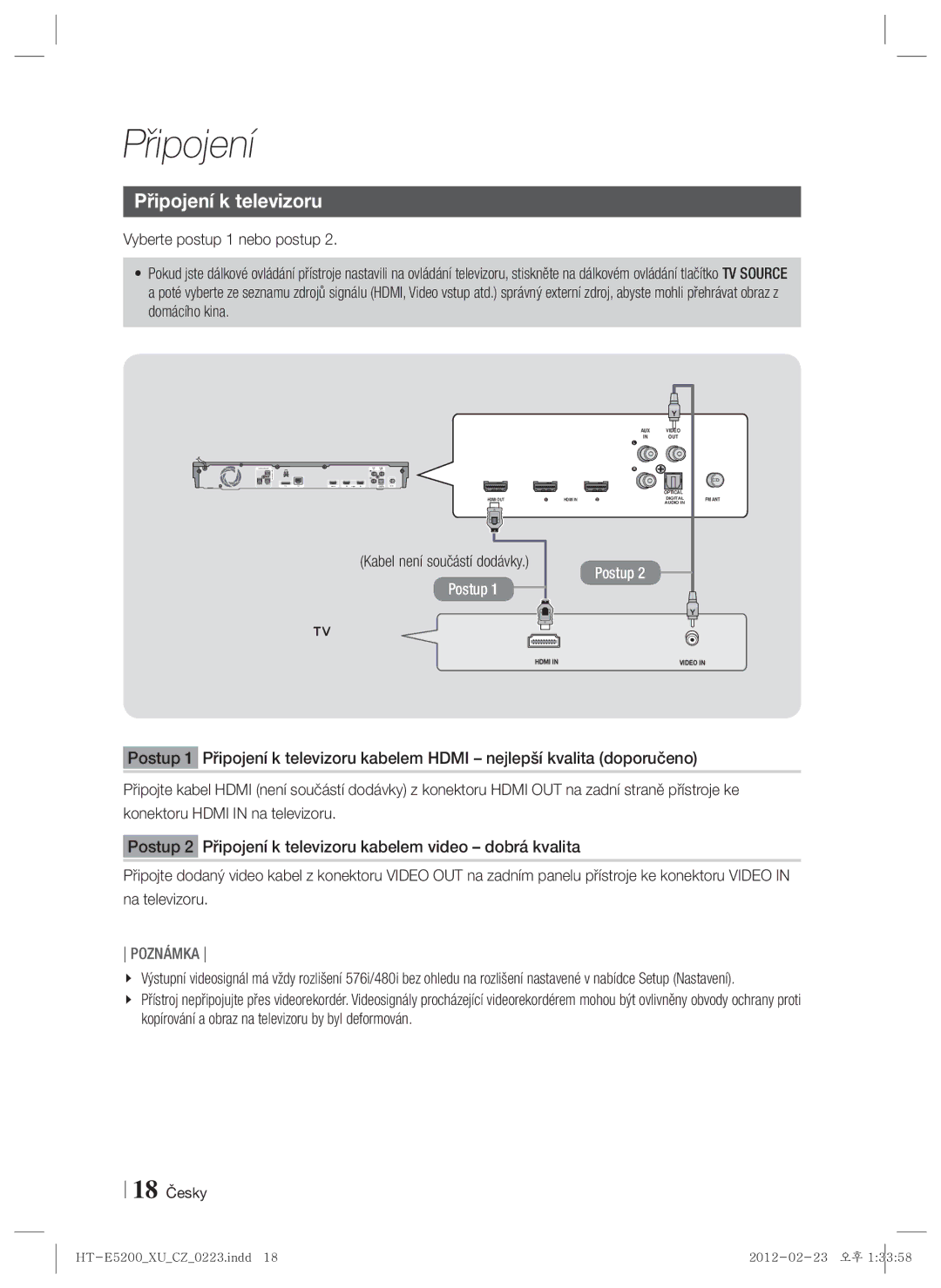 Samsung HT-E5200/EN manual Připojení k televizoru, 18 Česky 