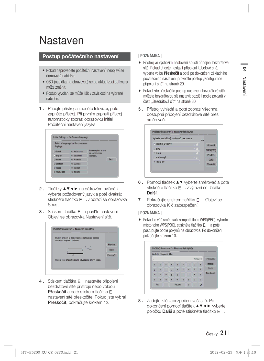 Samsung HT-E5200/EN manual Postup počátečního nastavení, Česky Nastavení 