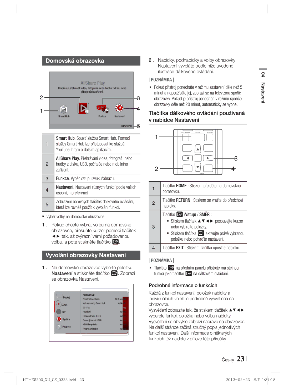 Samsung HT-E5200/EN manual Vyvolání obrazovky Nastavení, Tlačítka dálkového ovládání používaná v nabídce Nastavení 