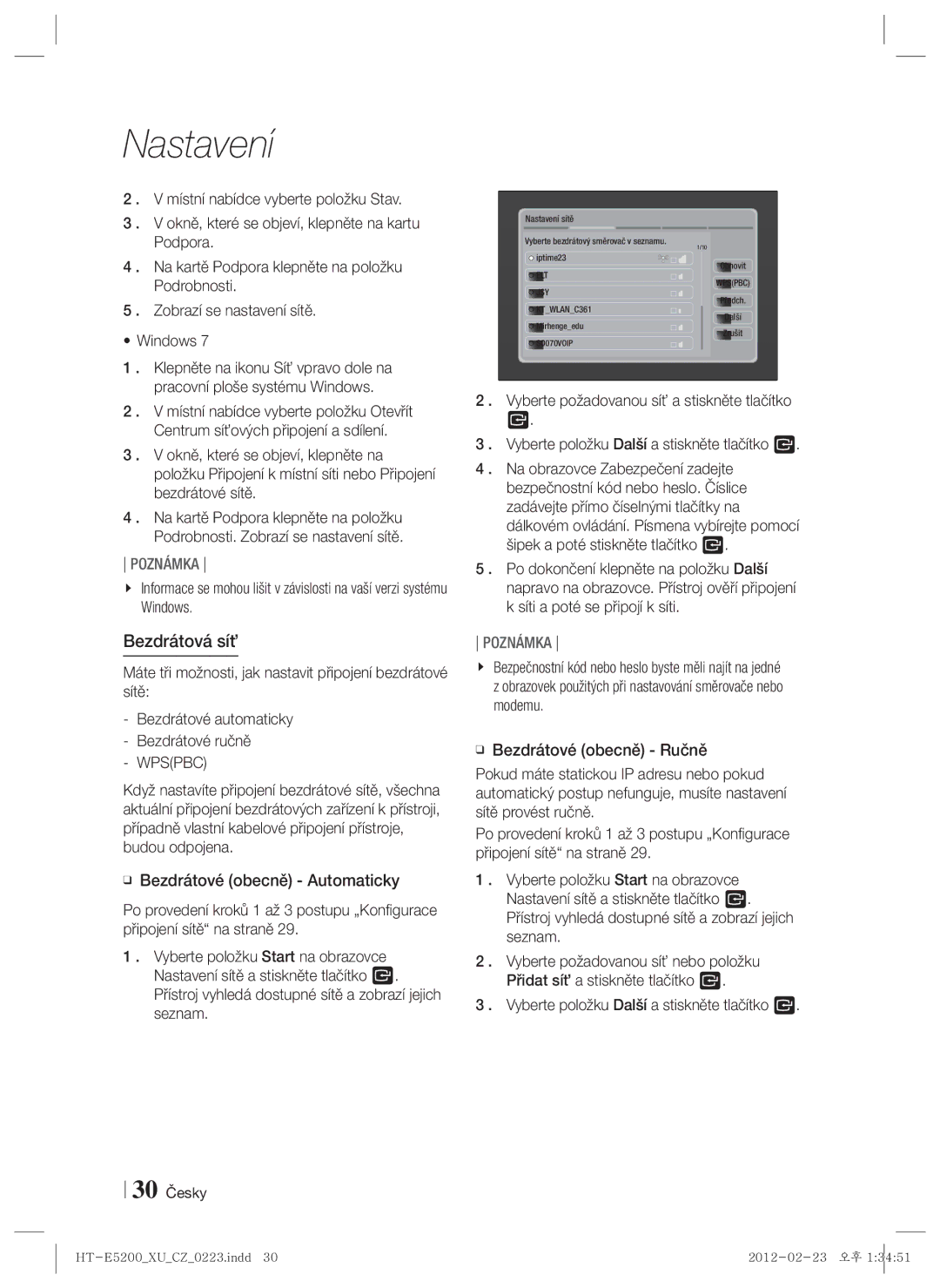 Samsung HT-E5200/EN manual Bezdrátová síť, 30 Česky 