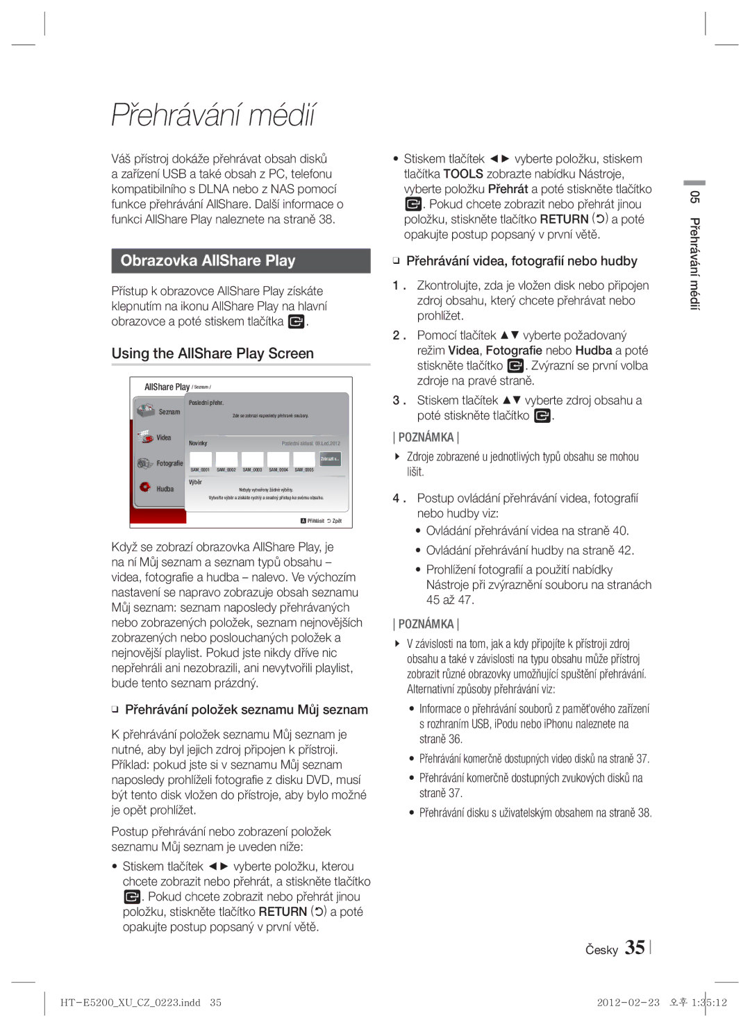 Samsung HT-E5200/EN manual Přehrávání médií, Obrazovka AllShare Play, Using the AllShare Play Screen, Česky Médií 
