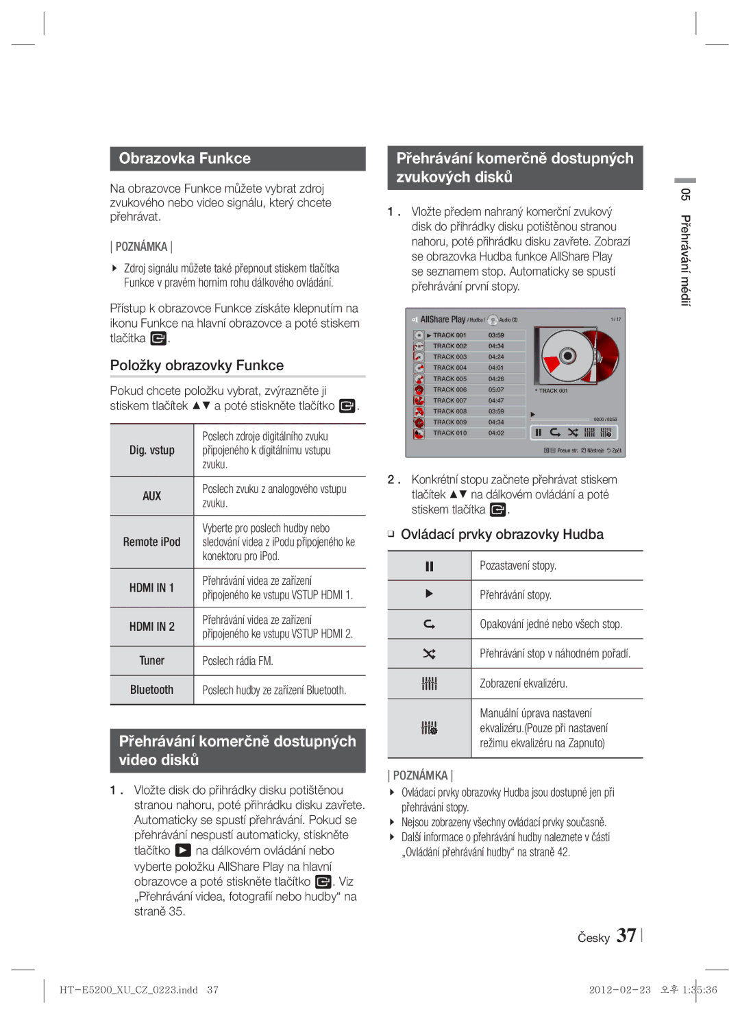 Samsung HT-E5200/EN manual Obrazovka Funkce, Položky obrazovky Funkce, Přehrávání komerčně dostupných Zvukových disků, Aux 