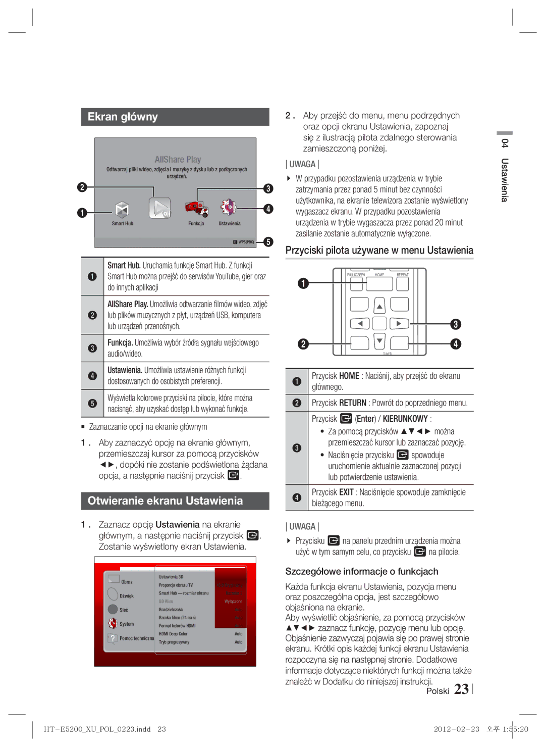 Samsung HT-E5200/EN manual Ekran główny, Otwieranie ekranu Ustawienia, Przyciski pilota używane w menu Ustawienia 