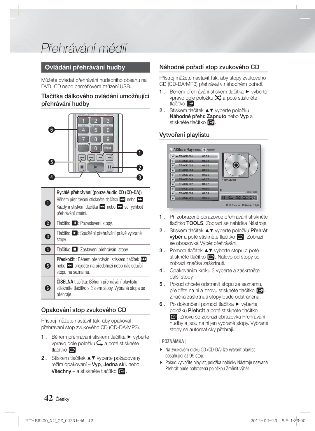 Samsung HT-E5200/EN manual Ovládání přehrávání hudby, Tlačítka dálkového ovládání umožňující přehrávání hudby 