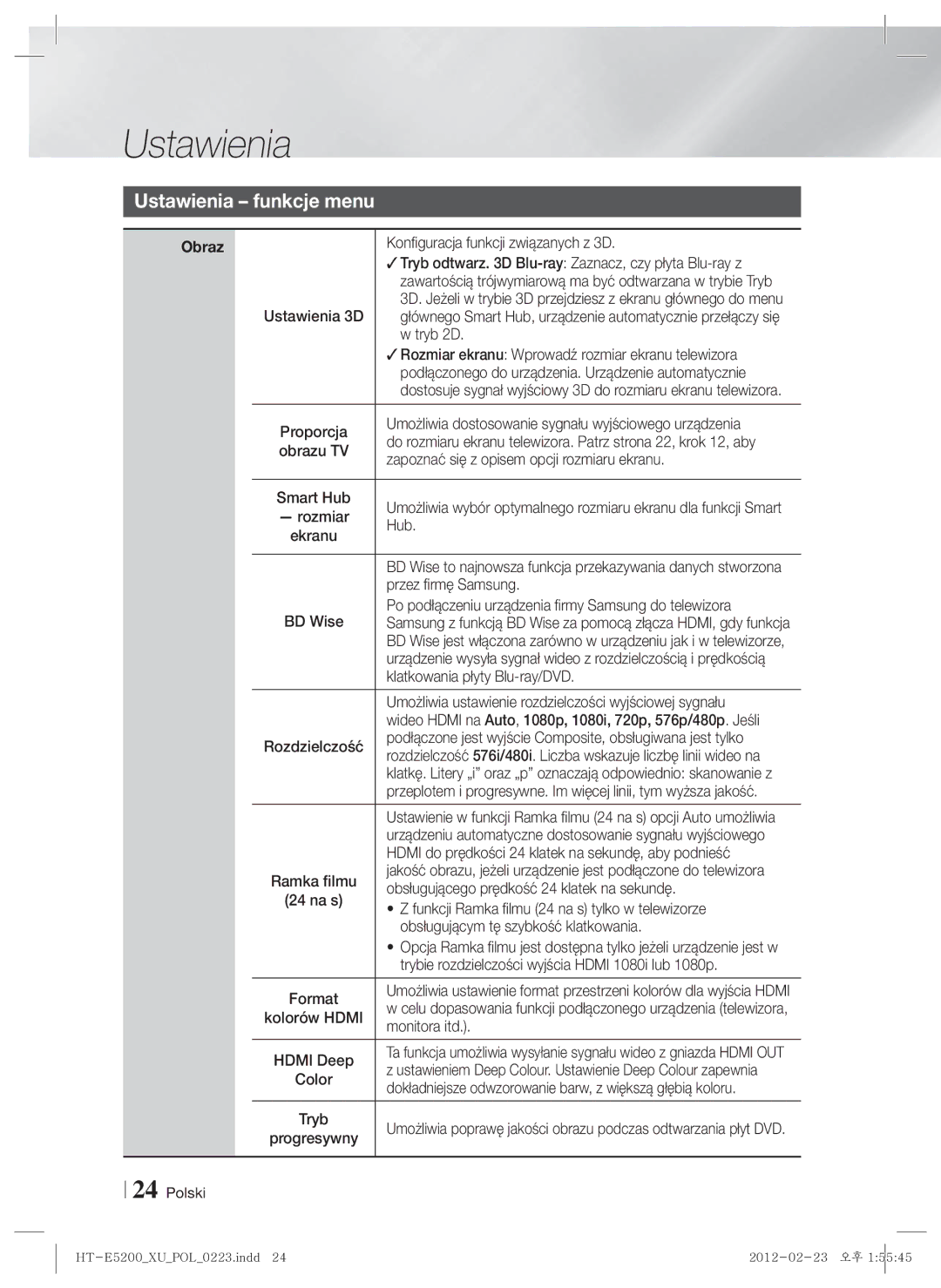 Samsung HT-E5200/EN manual Ustawienia funkcje menu, Obraz 