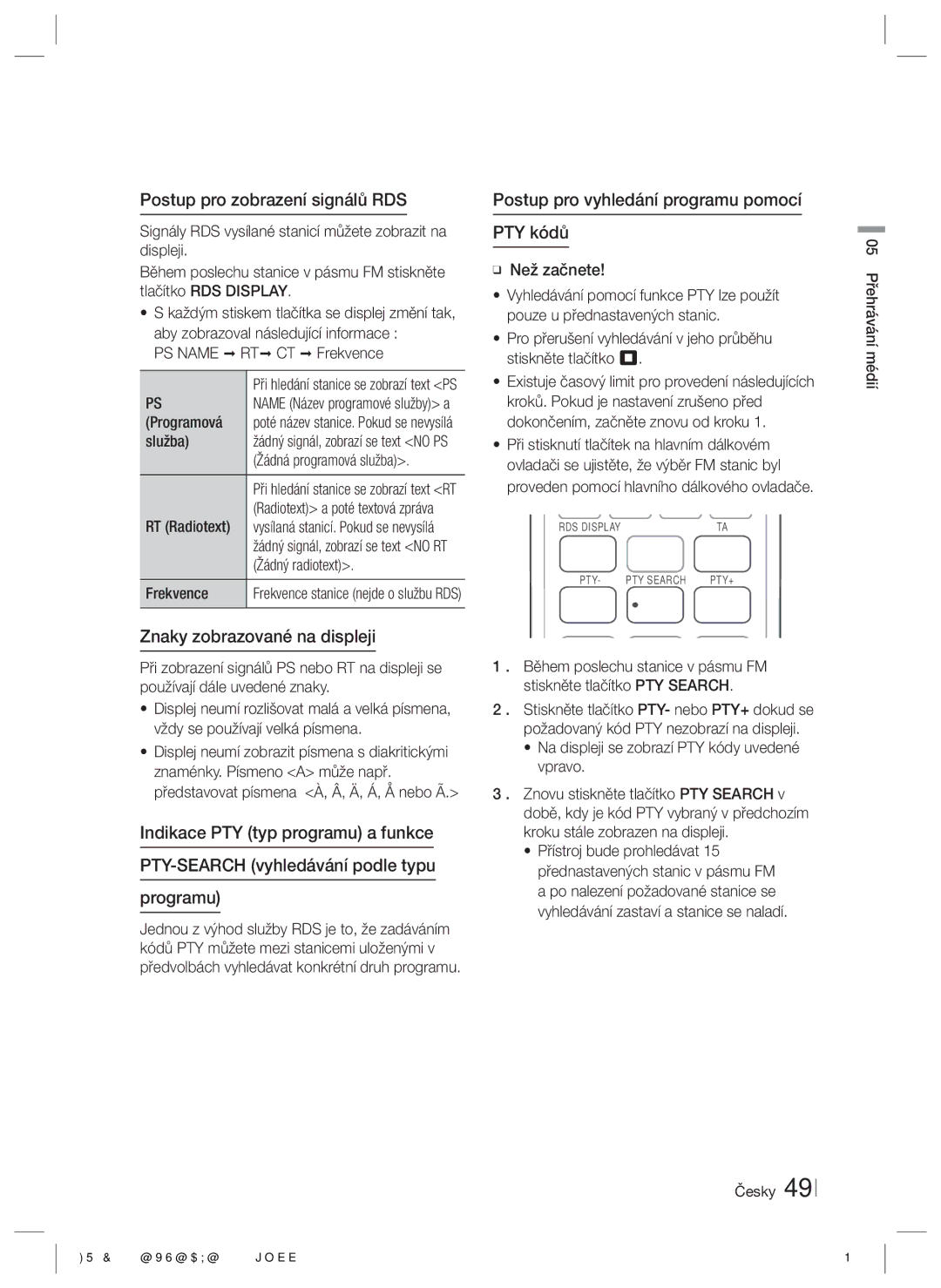 Samsung HT-E5200/EN manual Postup pro zobrazení signálů RDS, Znaky zobrazované na displeji 