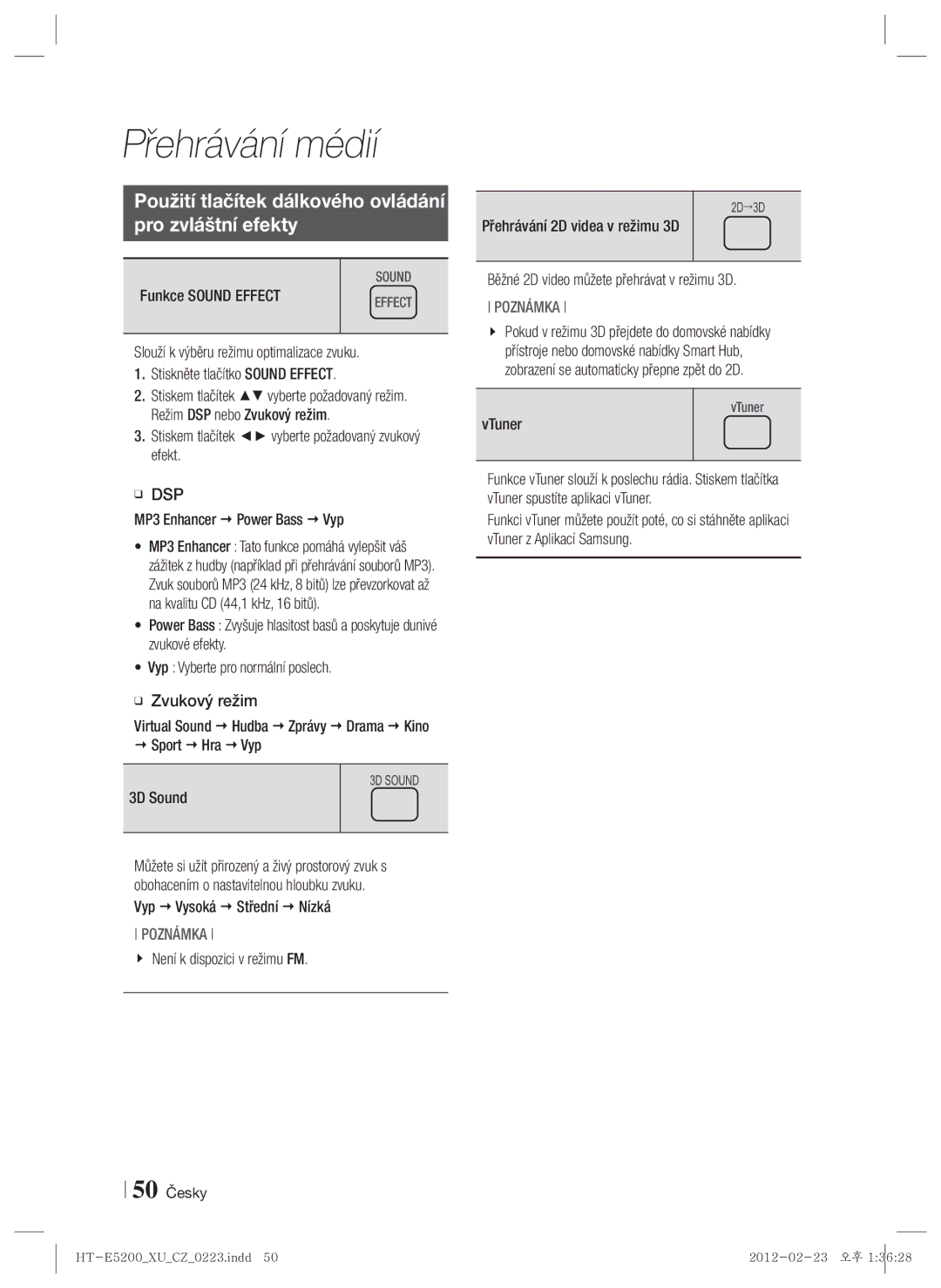 Samsung HT-E5200/EN manual Použití tlačítek dálkového ovládání Pro zvláštní efekty, Funkce Sound Effect 