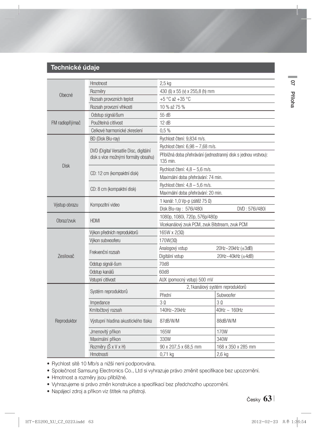 Samsung HT-E5200/EN manual Hmotnost, Rozměry, Odstup signál/šum 55 dB Použitelná citlivost 12 dB, BD Disk Blu-ray 