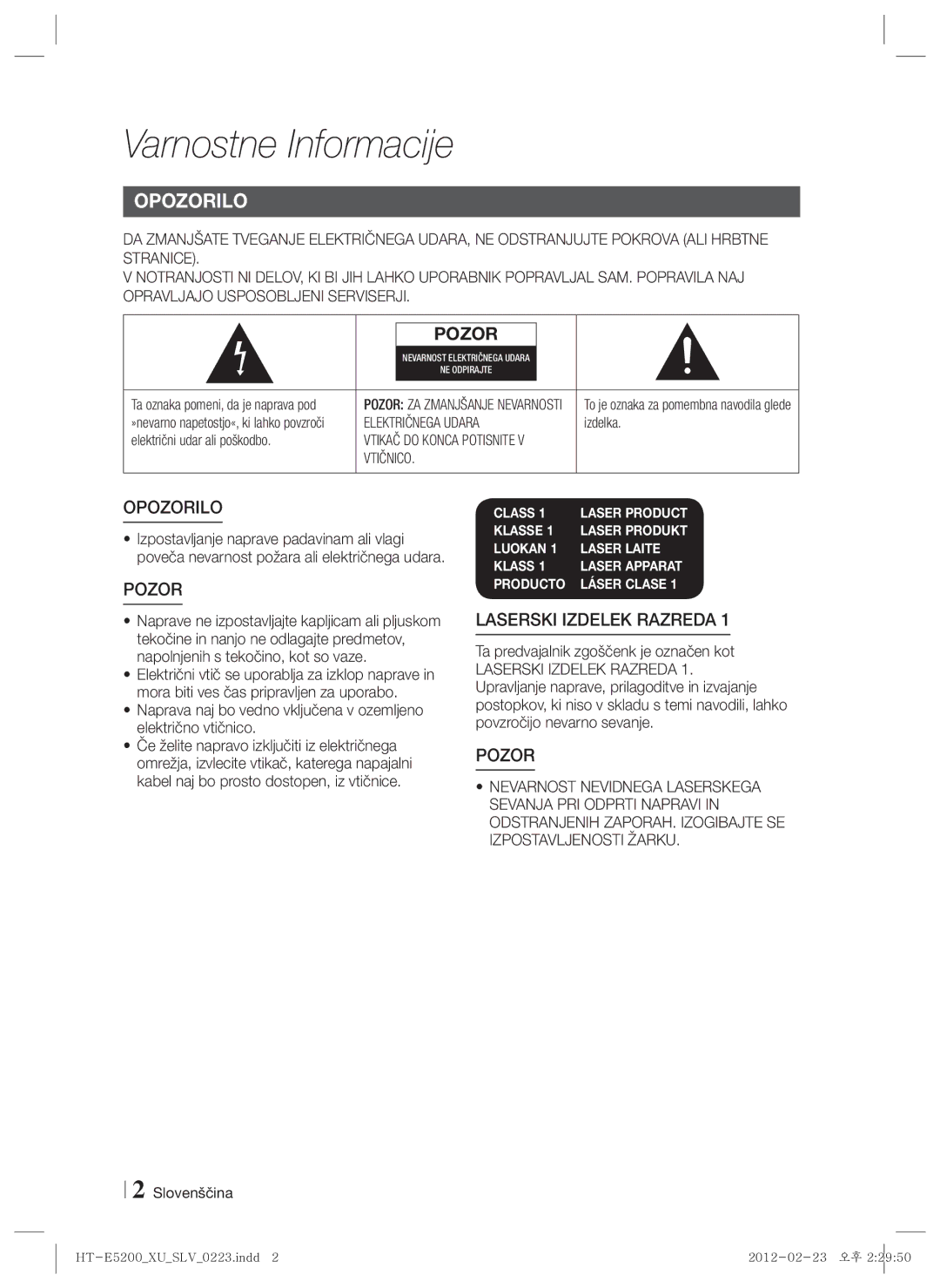 Samsung HT-E5200/EN manual Varnostne Informacije, Izdelka, Električni udar ali poškodbo, Slovenščina 