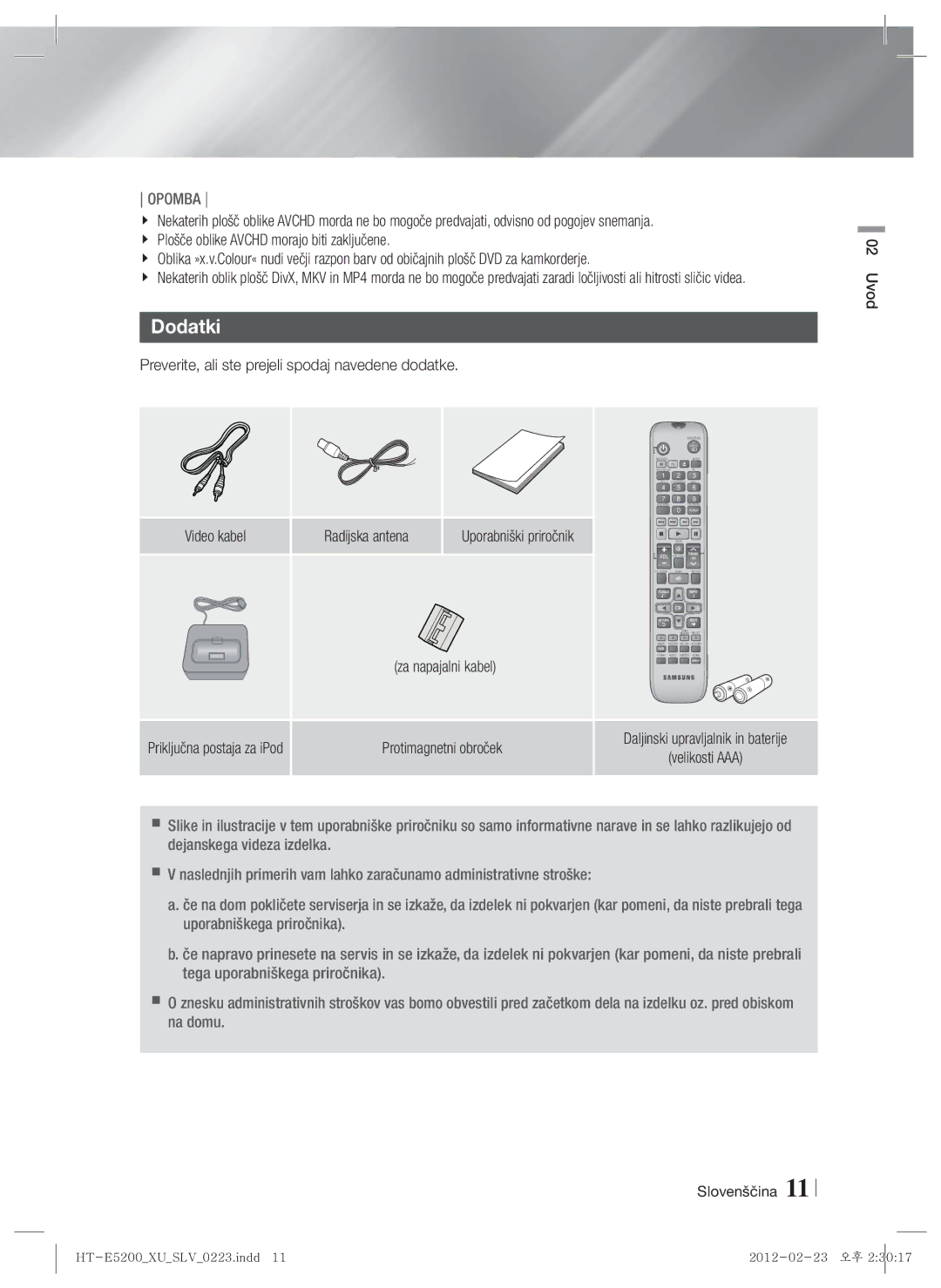 Samsung HT-E5200/EN Dodatki, Preverite, ali ste prejeli spodaj navedene dodatke, Radijska antena Uporabniški priročnik 