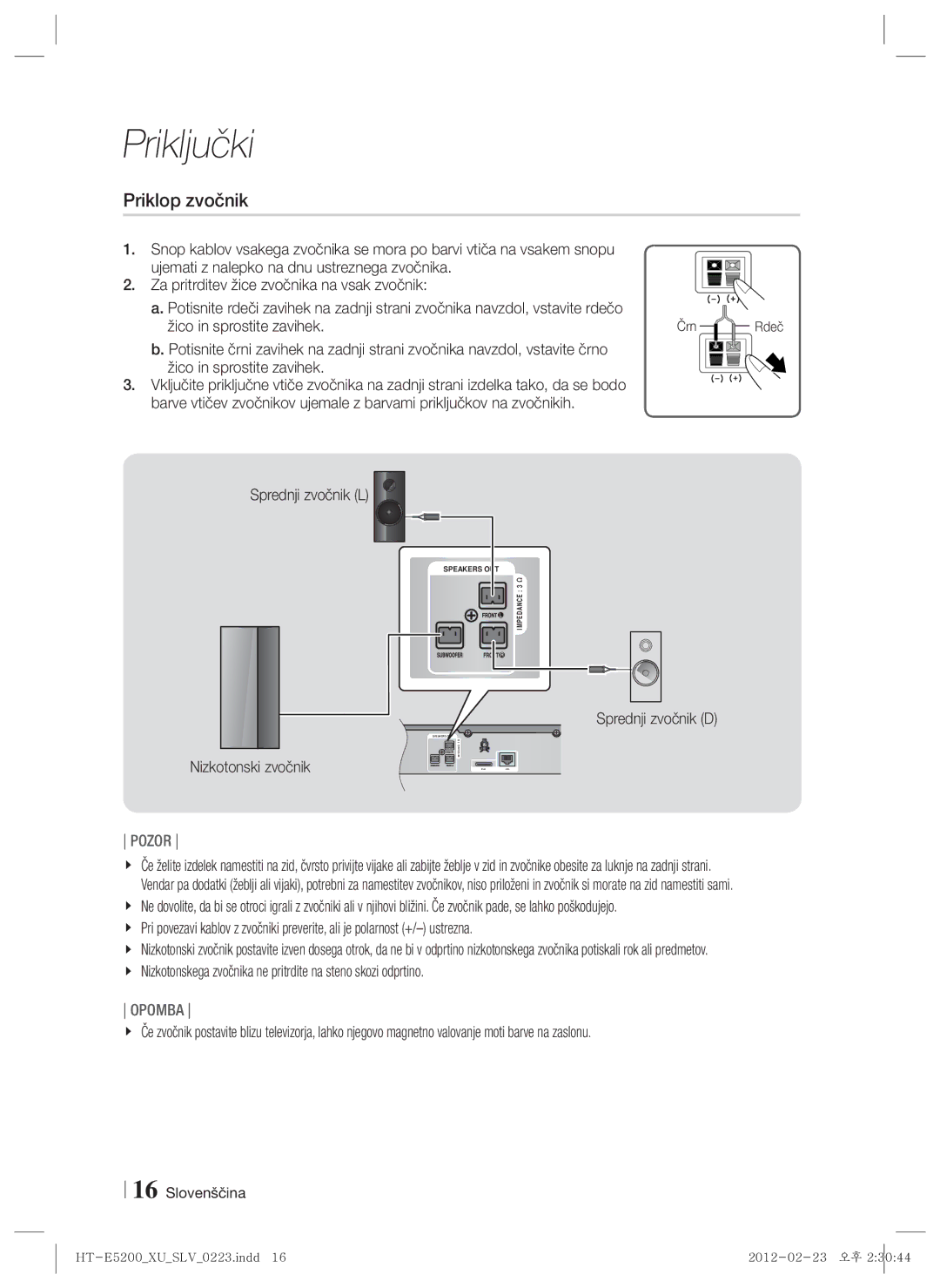 Samsung HT-E5200/EN manual Priklop zvočnik, Sprednji zvočnik L, Sprednji zvočnik D, Nizkotonski zvočnik 