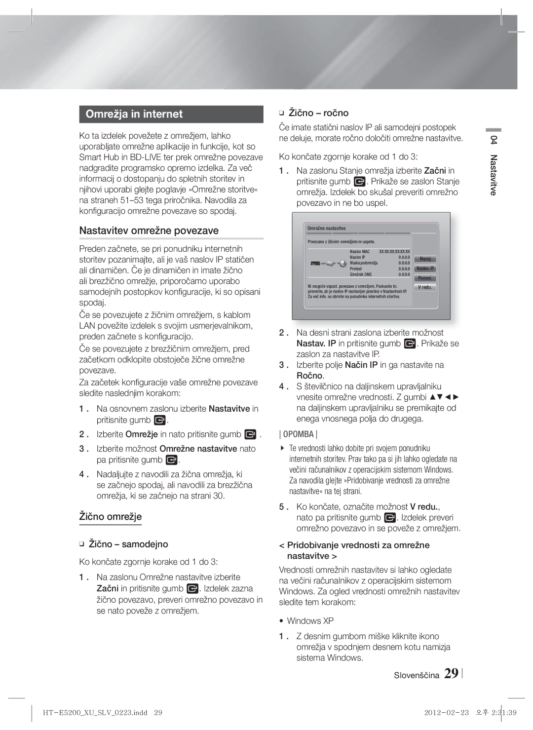 Samsung HT-E5200/EN manual Omrežja in internet, Nastavitev omrežne povezave, Žično omrežje 