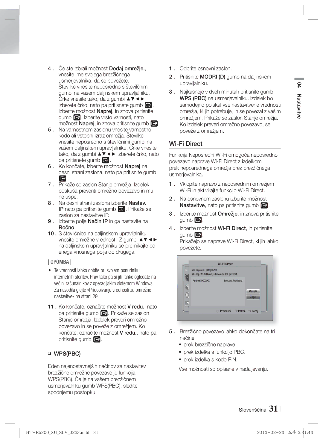 Samsung HT-E5200/EN manual Wi-Fi Direct, Prek neposrednega omrežja brez brezžičnega usmerjevalnika 