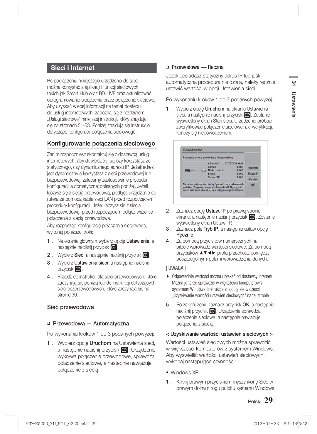 Samsung HT-E5200/EN manual Sieci i Internet, Konfigurowanie połączenia sieciowego, Sieć przewodowa 