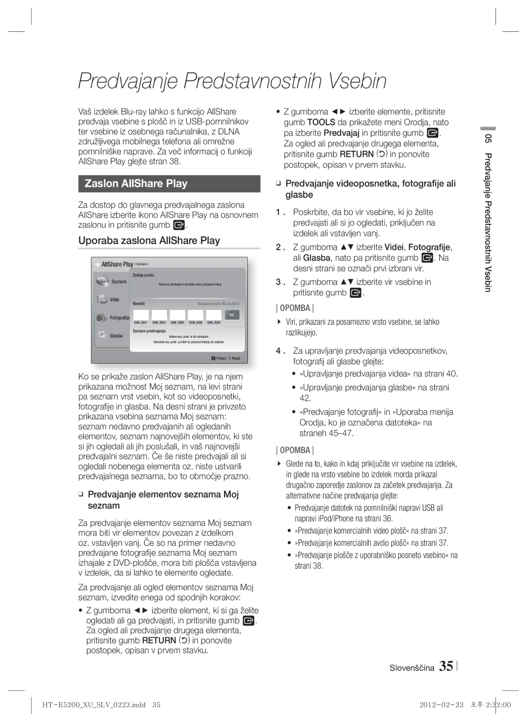 Samsung HT-E5200/EN manual Predvajanje Predstavnostnih Vsebin, Zaslon AllShare Play, Uporaba zaslona AllShare Play 