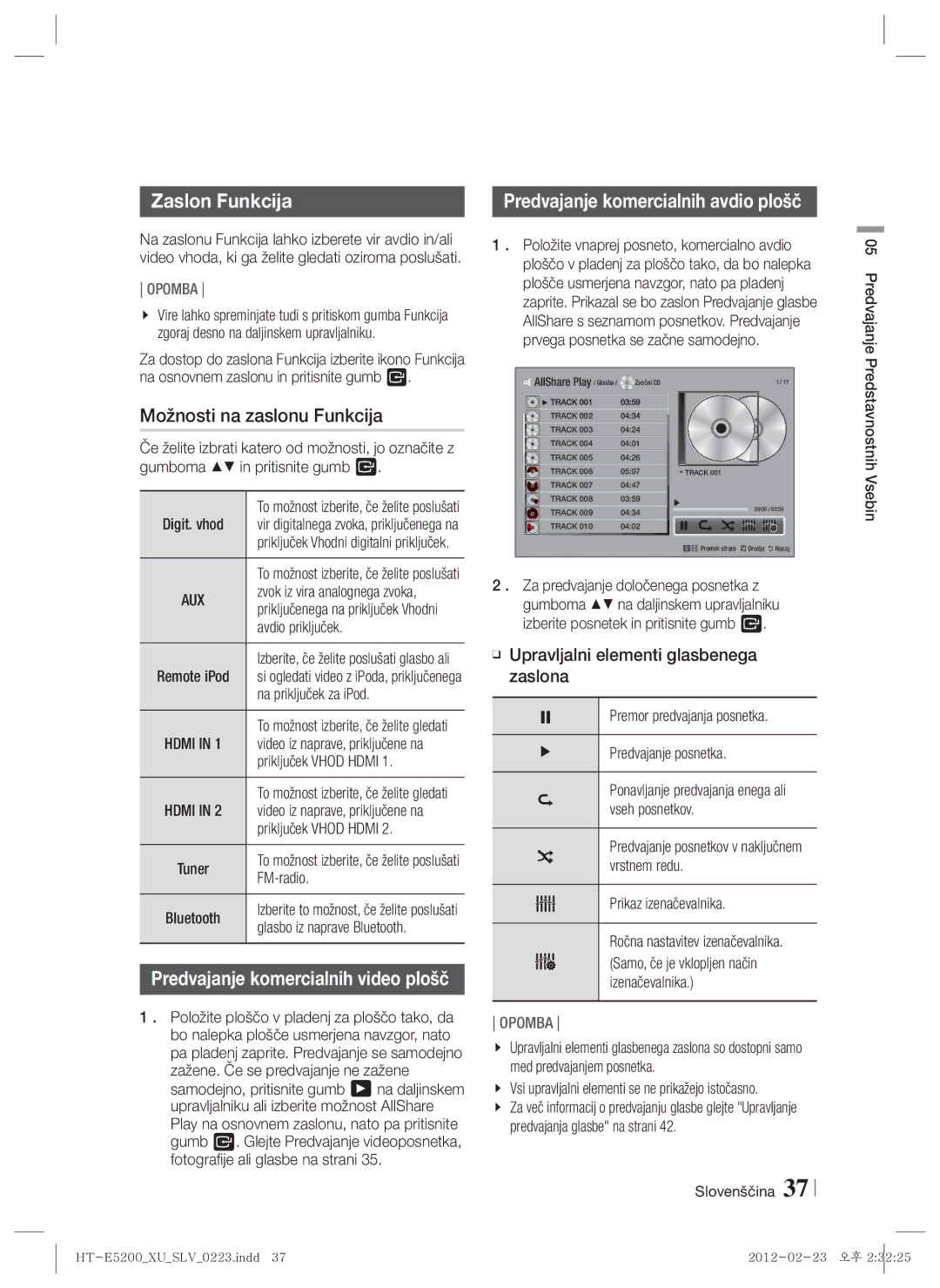 Samsung HT-E5200/EN manual Zaslon Funkcija, Možnosti na zaslonu Funkcija, Predvajanje komercialnih avdio plošč 