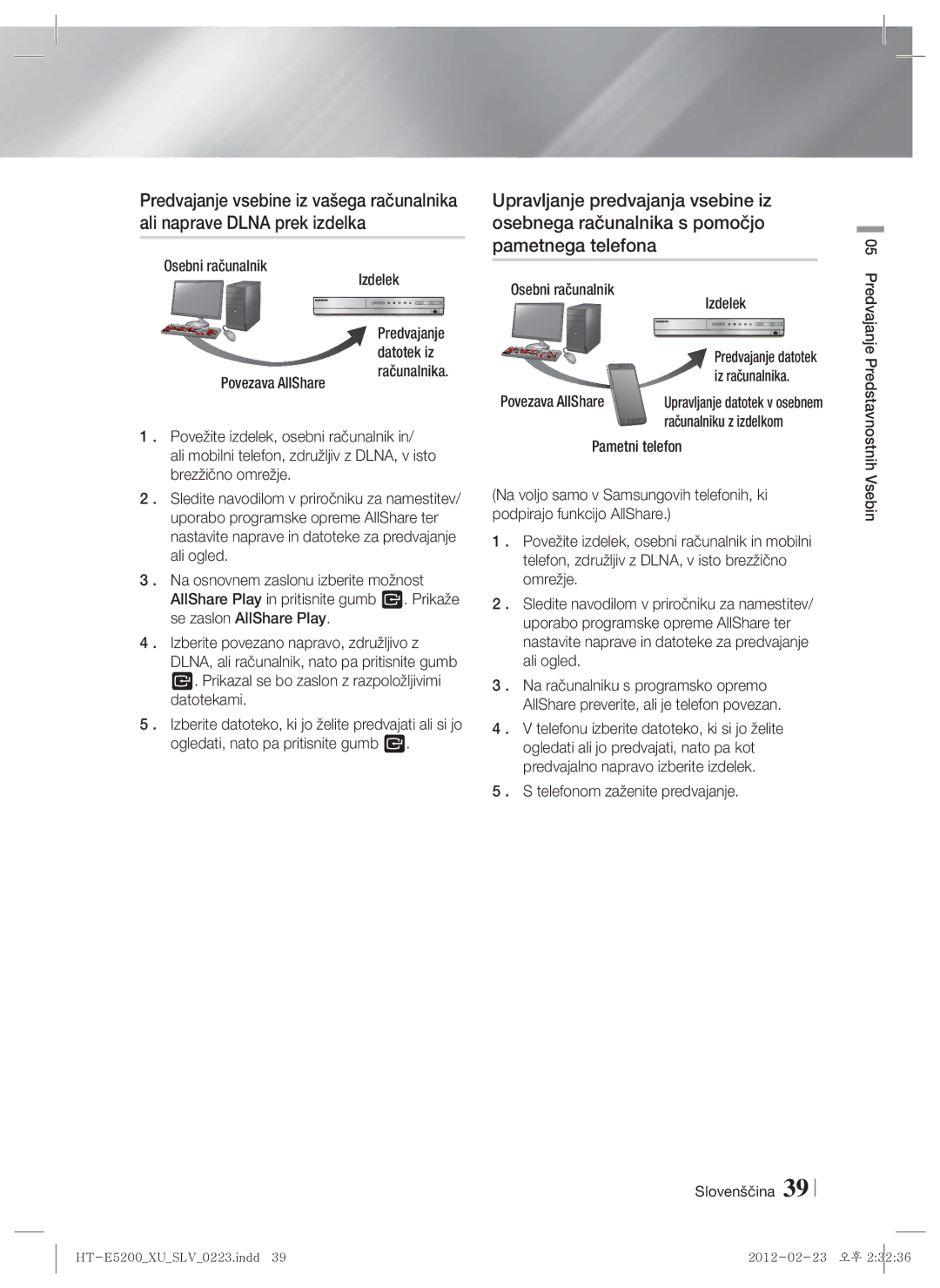 Samsung HT-E5200/EN manual Osebni računalnik Izdelek, Povezava AllShare Iz računalnika, Pametni telefon 