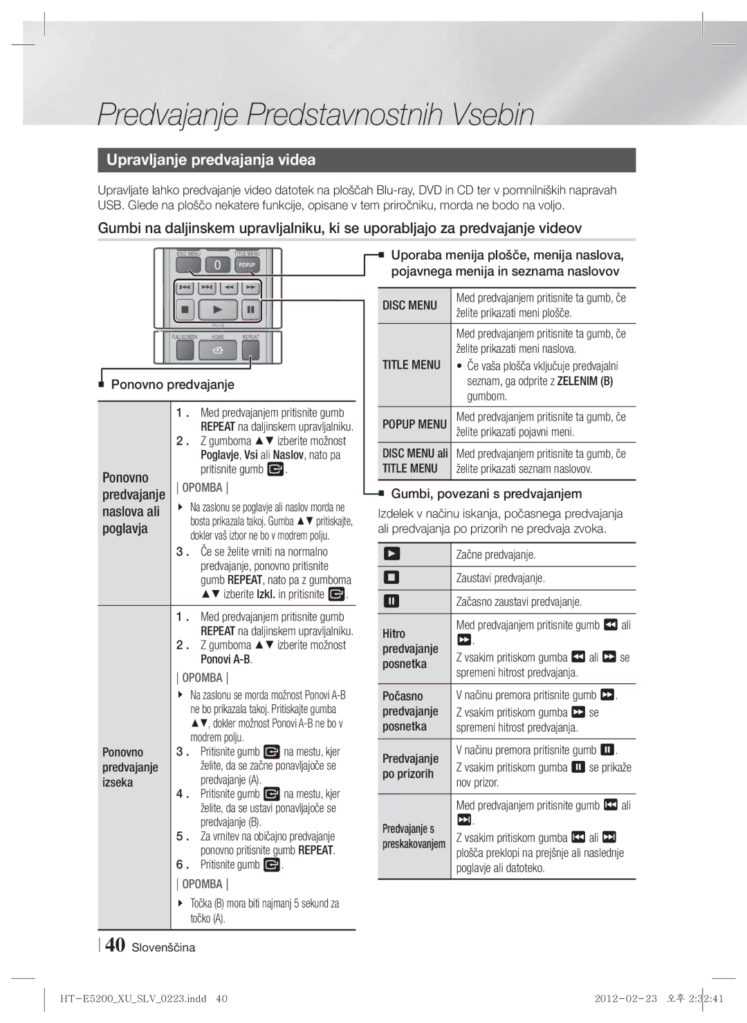 Samsung HT-E5200/EN manual Upravljanje predvajanja videa, Ponovno, Naslova ali, Poglavja 