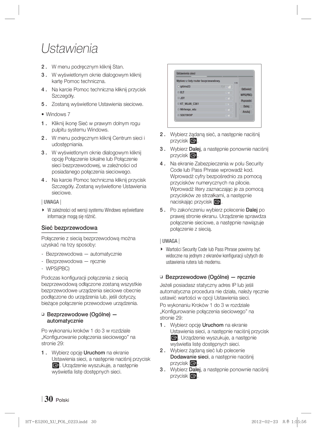 Samsung HT-E5200/EN manual Sieć bezprzewodowa, Menu podręcznym kliknij Centrum sieci i udostępniania, Wpspbc 