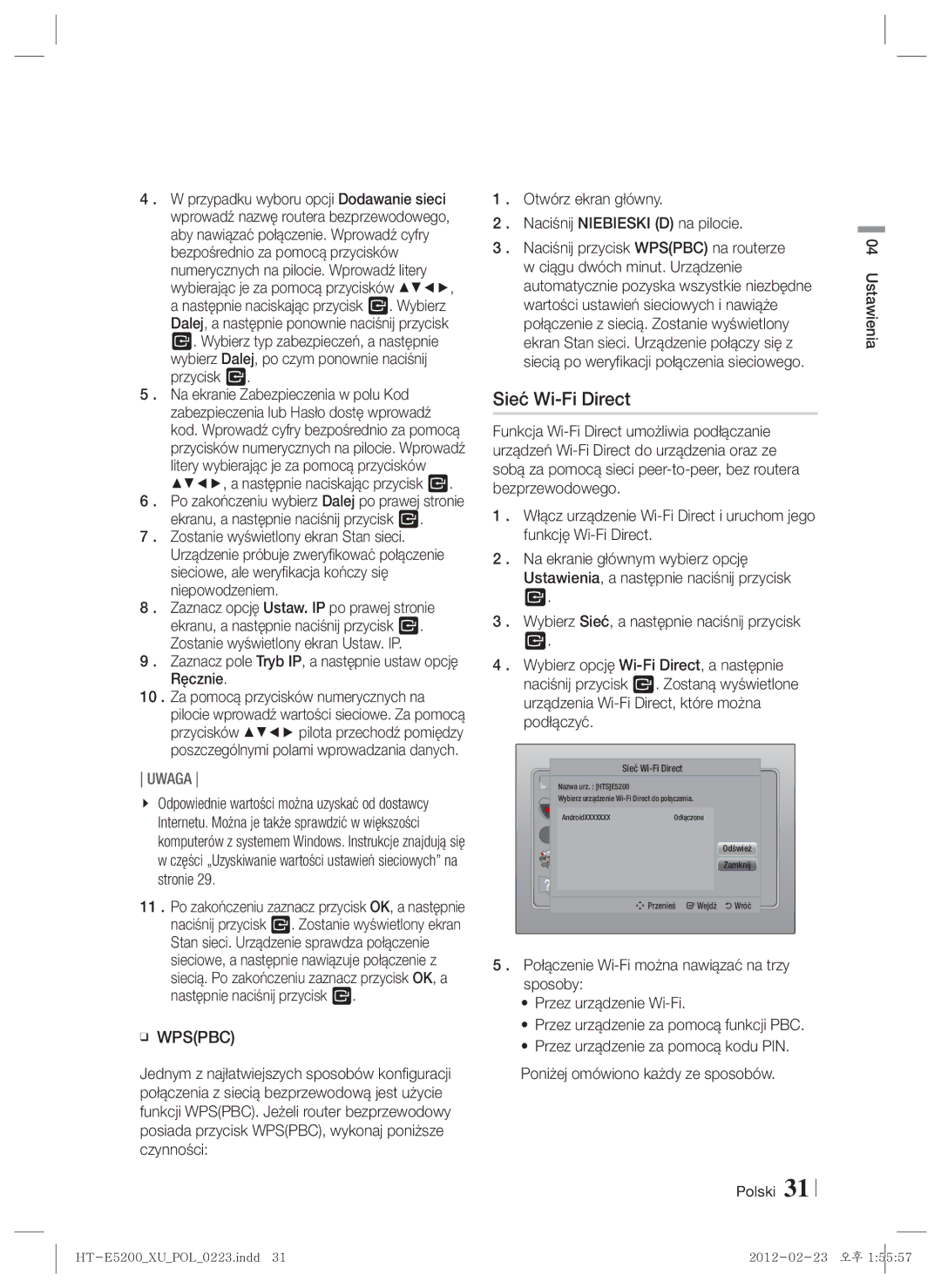 Samsung HT-E5200/EN manual Sieć Wi-Fi Direct, Otwórz ekran główny Naciśnij Niebieski D na pilocie 