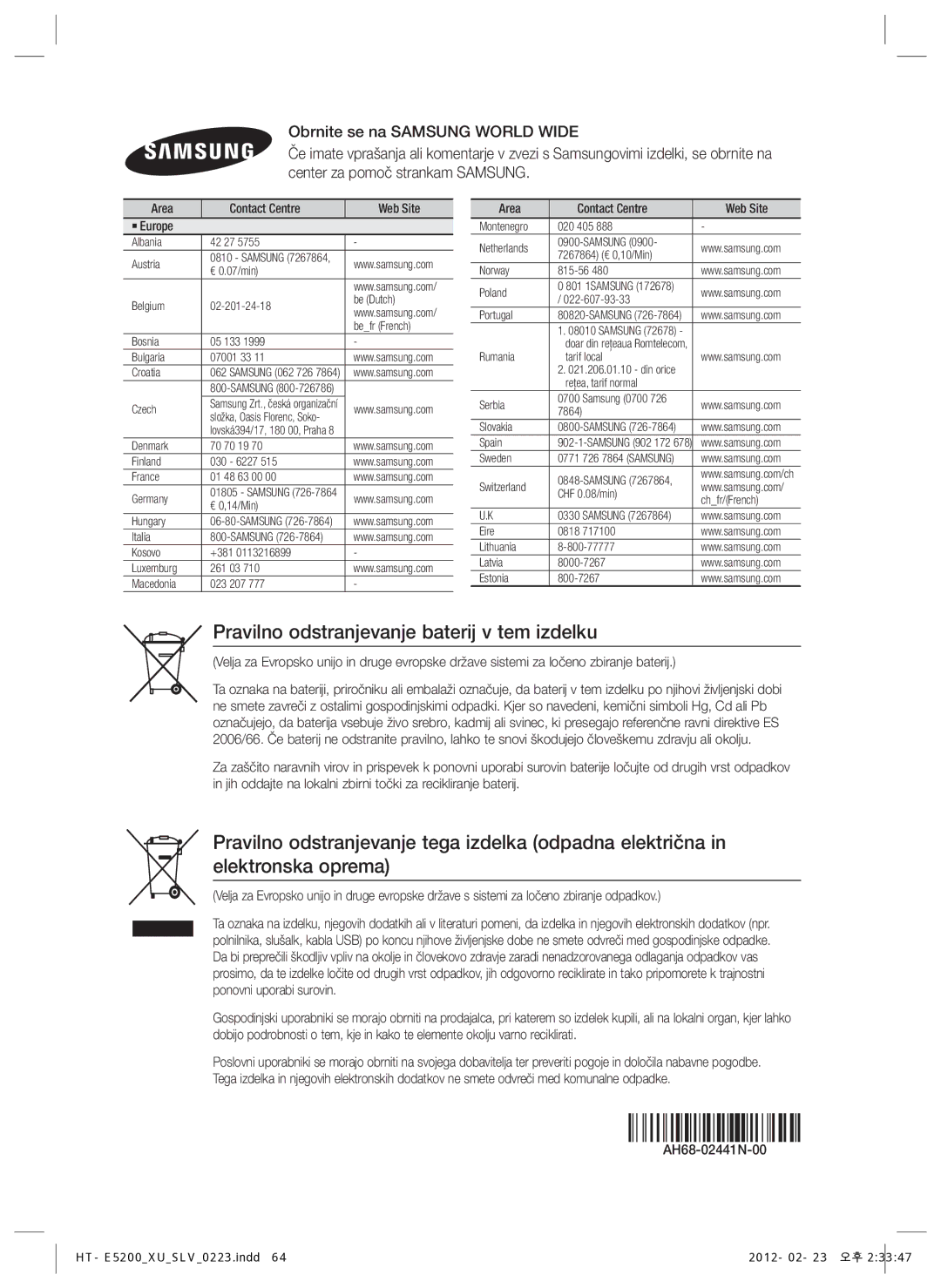 Samsung HT-E5200/EN manual Pravilno odstranjevanje baterij v tem izdelku, AH68-02441N-00 