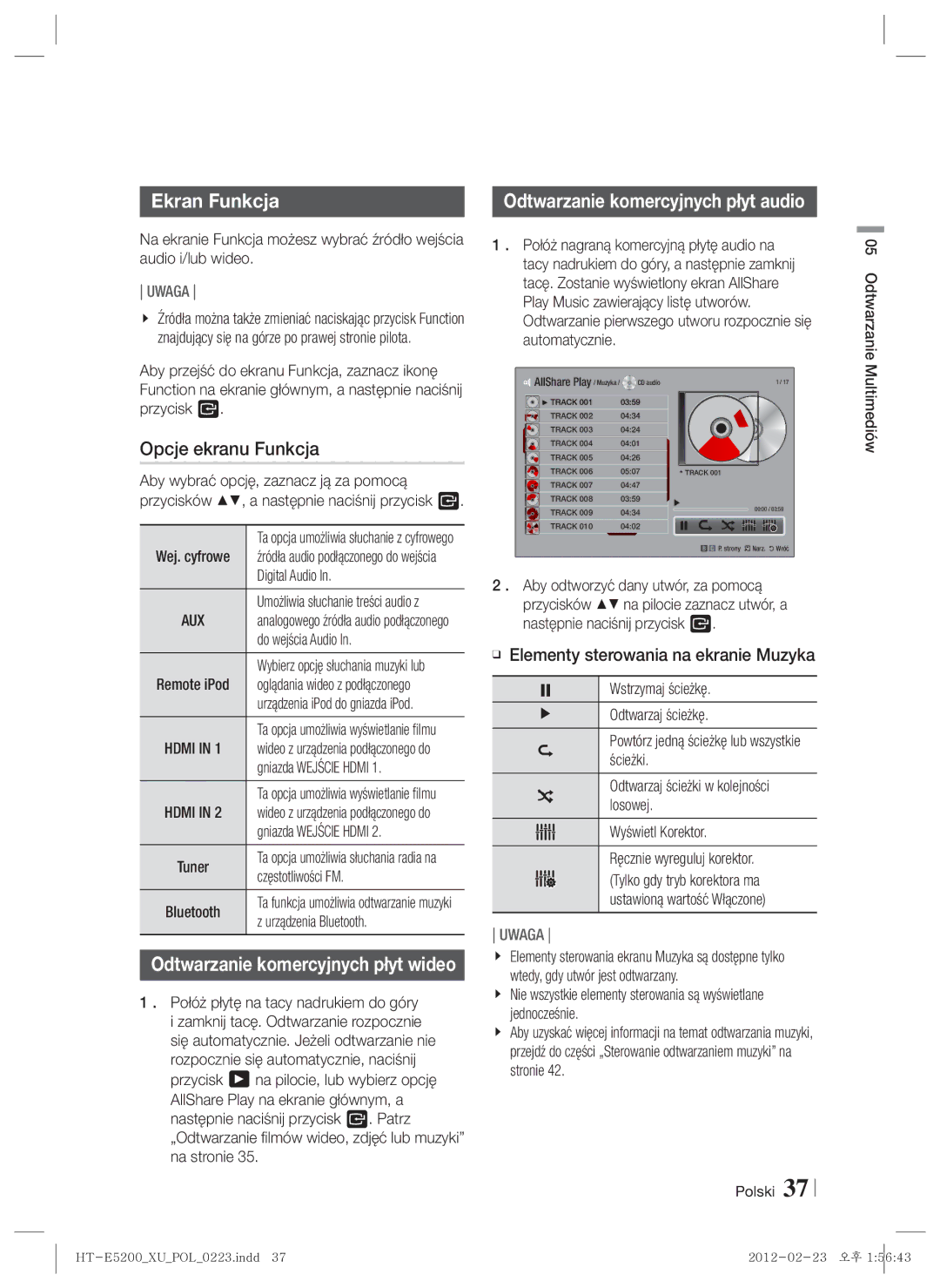 Samsung HT-E5200/EN manual Ekran Funkcja, Opcje ekranu Funkcja, Odtwarzanie komercyjnych płyt audio 