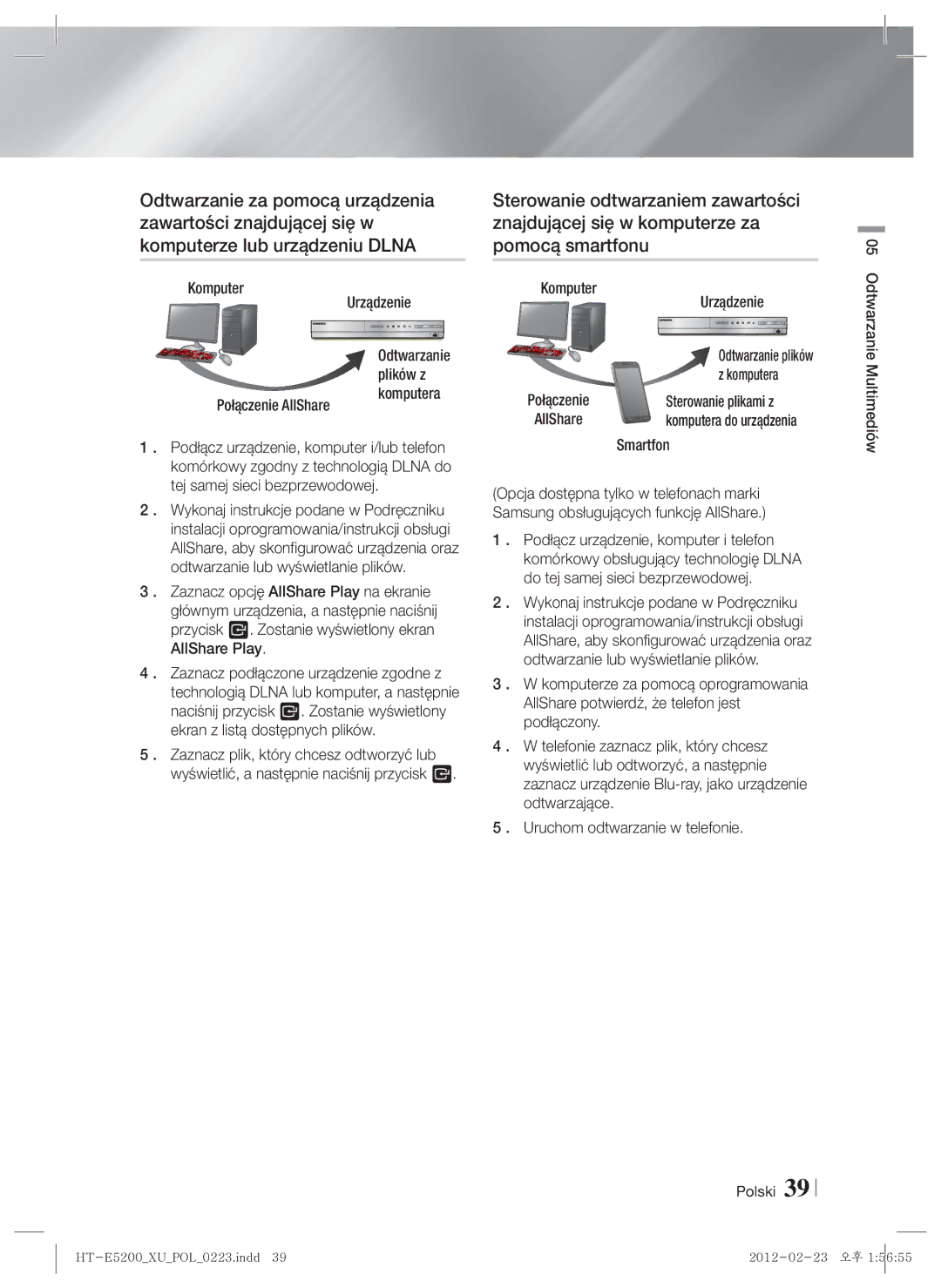 Samsung HT-E5200/EN manual Komputer Urządzenie, Sterowanie plikami z, Smartfon, Polski Odtwarzanie Multimediów 