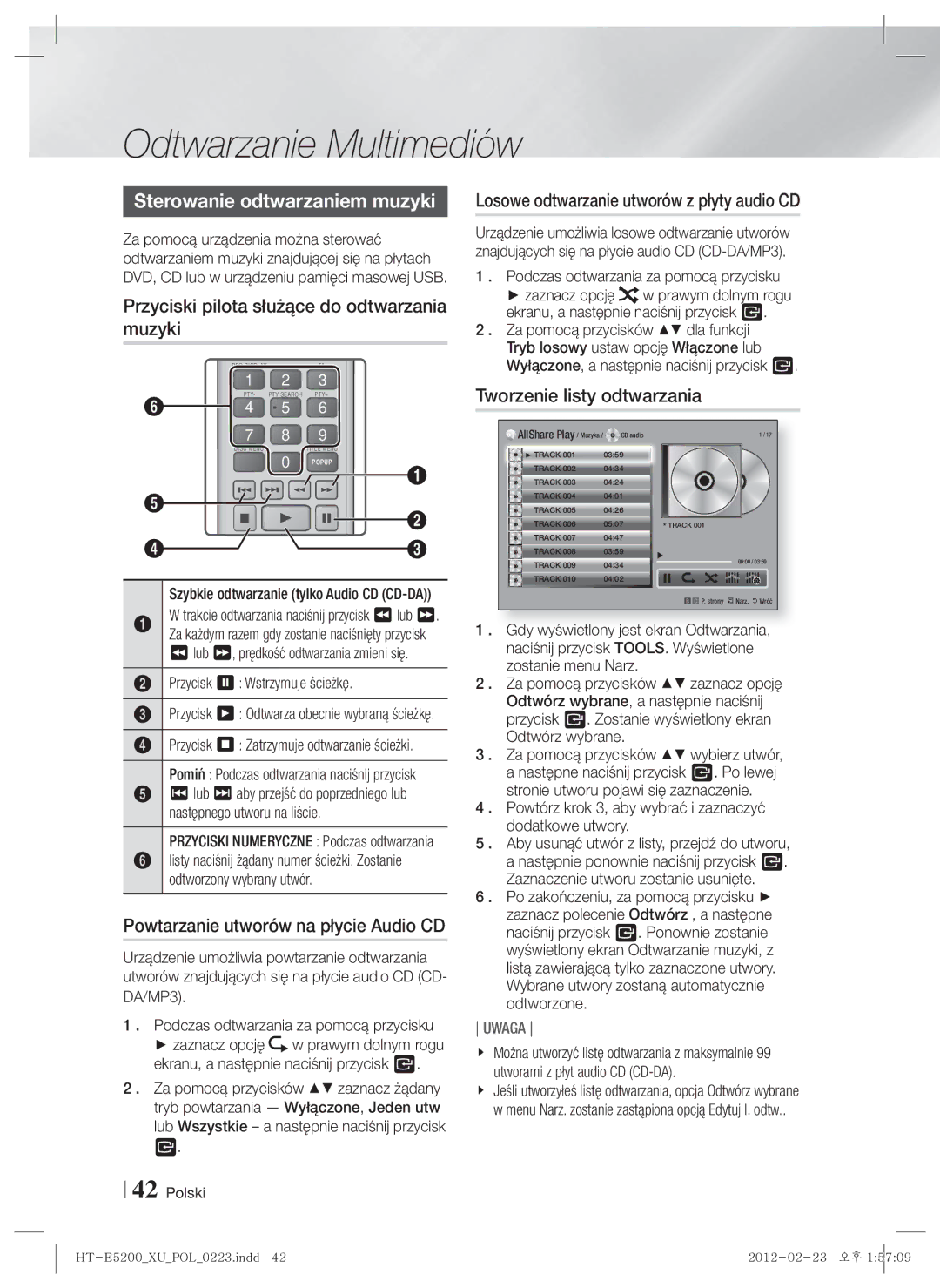 Samsung HT-E5200/EN manual Sterowanie odtwarzaniem muzyki, Przyciski pilota służące do odtwarzania muzyki 