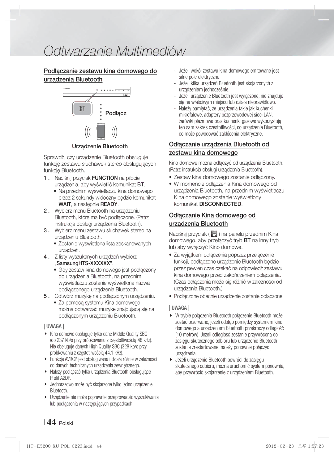 Samsung HT-E5200/EN manual Podłączanie zestawu kina domowego do urządzenia Bluetooth 