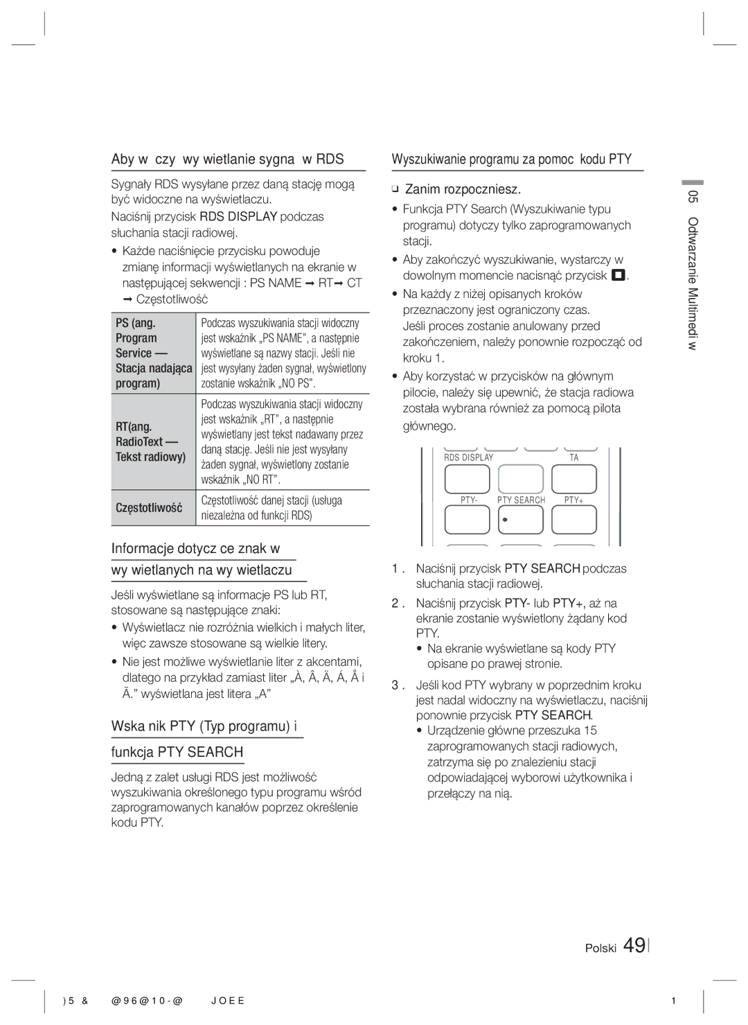 Samsung HT-E5200/EN manual Aby włączyć wyświetlanie sygnałów RDS, Wyszukiwanie programu za pomocą kodu PTY 