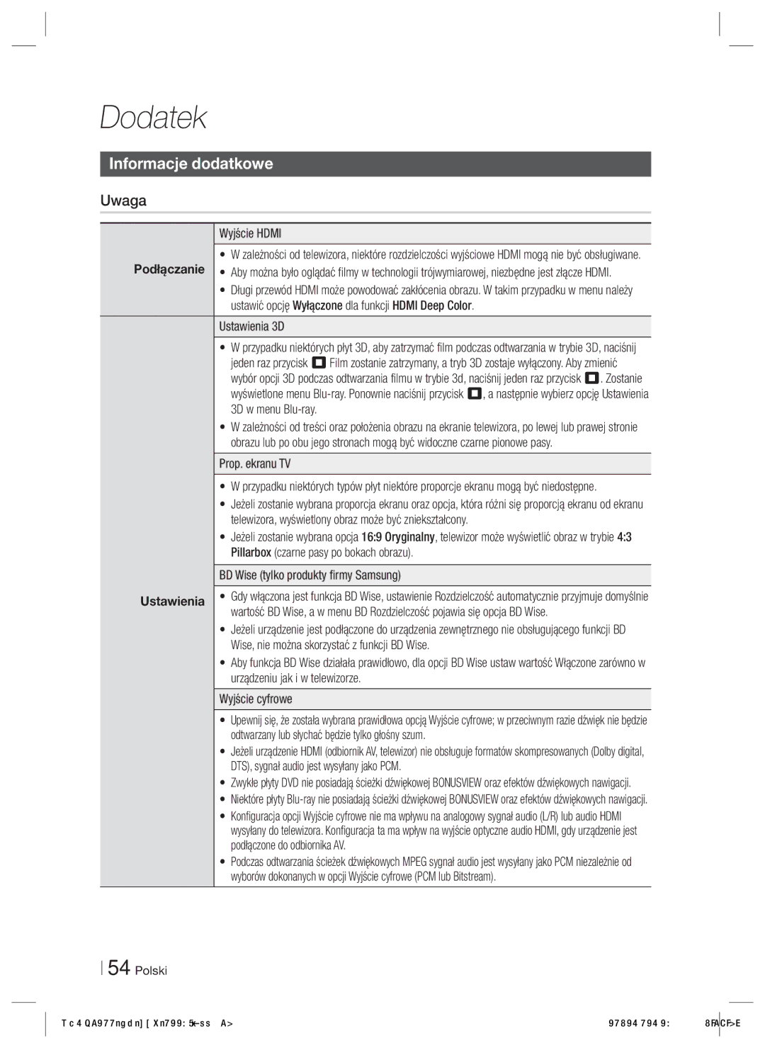 Samsung HT-E5200/EN manual Dodatek, Informacje dodatkowe, Uwaga 