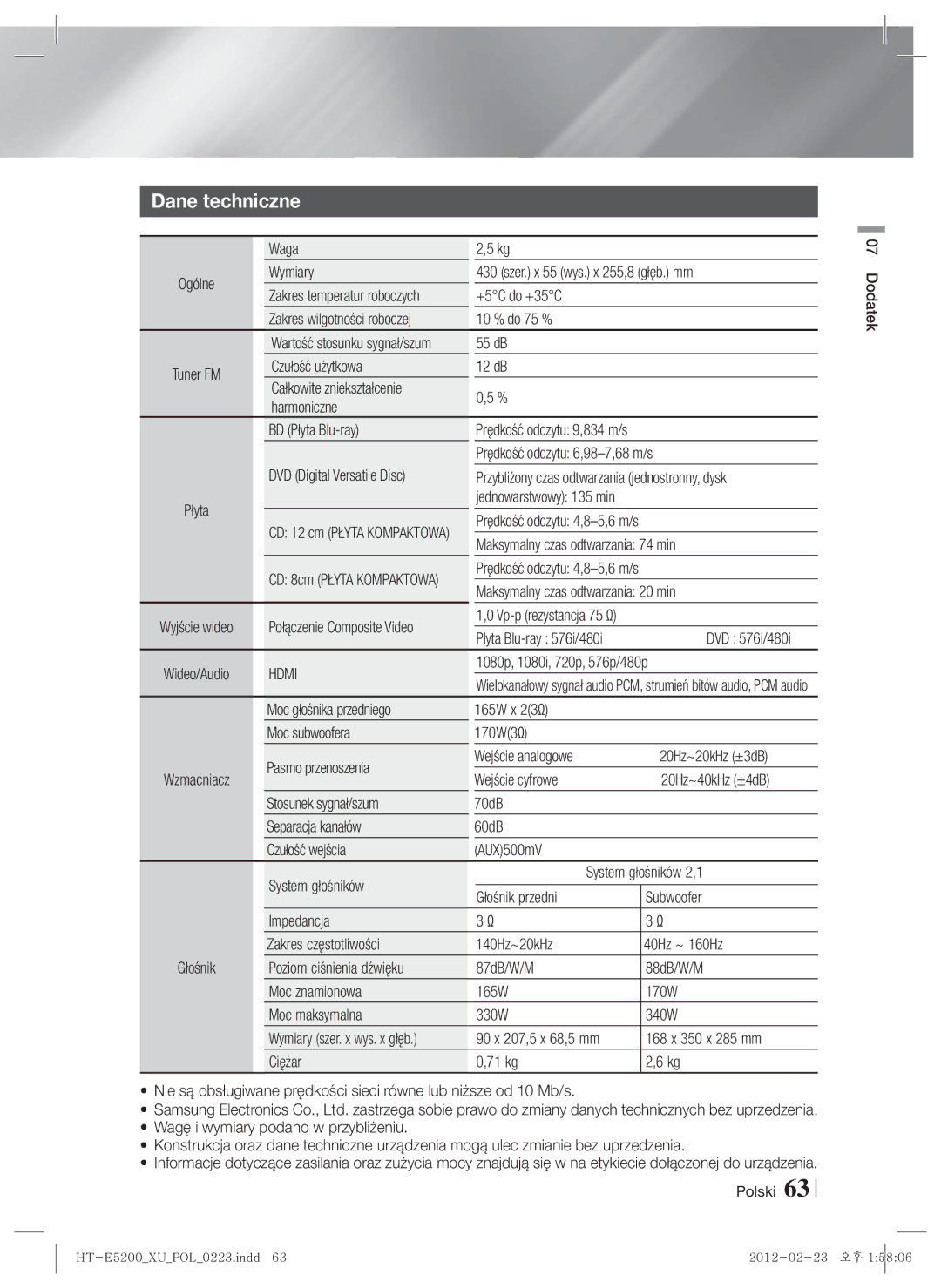 Samsung HT-E5200/EN manual Dane techniczne 