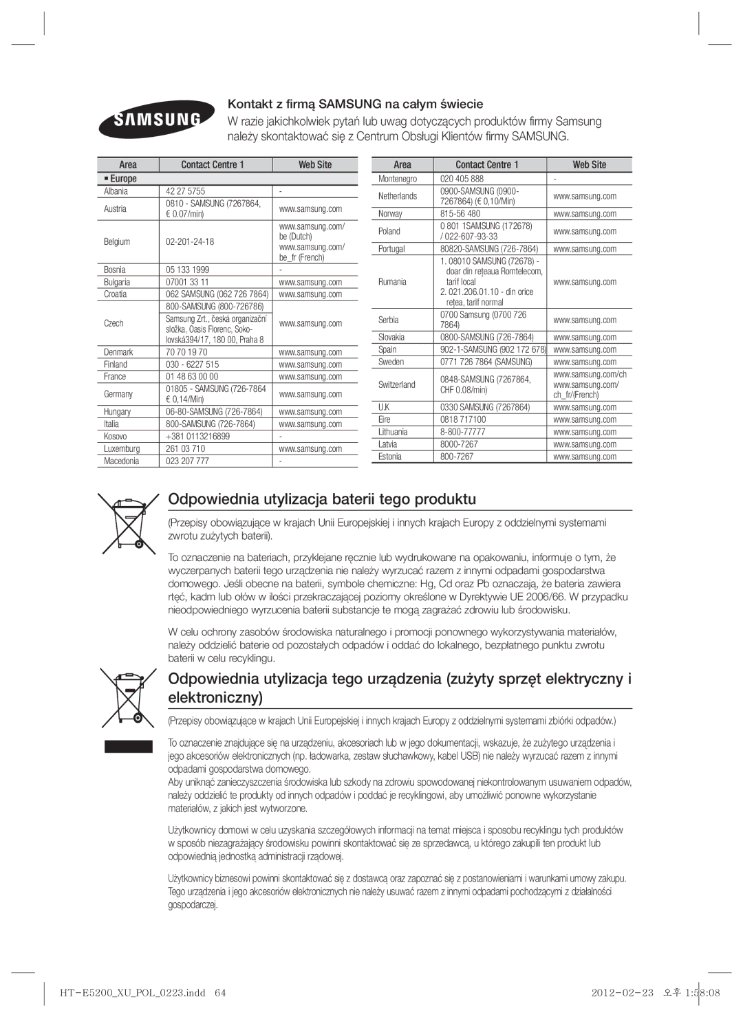 Samsung HT-E5200/EN manual Odpowiednia utylizacja baterii tego produktu, Kontakt z firmą Samsung na całym świecie 