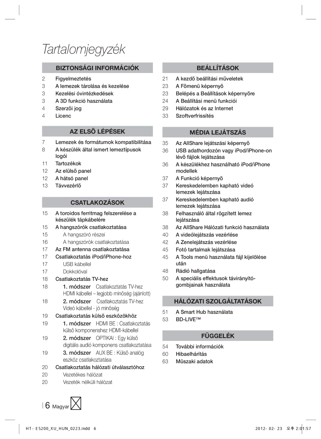 Samsung HT-E5200/EN manual Tartalomjegyzék, Csatlakoztatás külső eszközökhöz, Smart Hub használata 